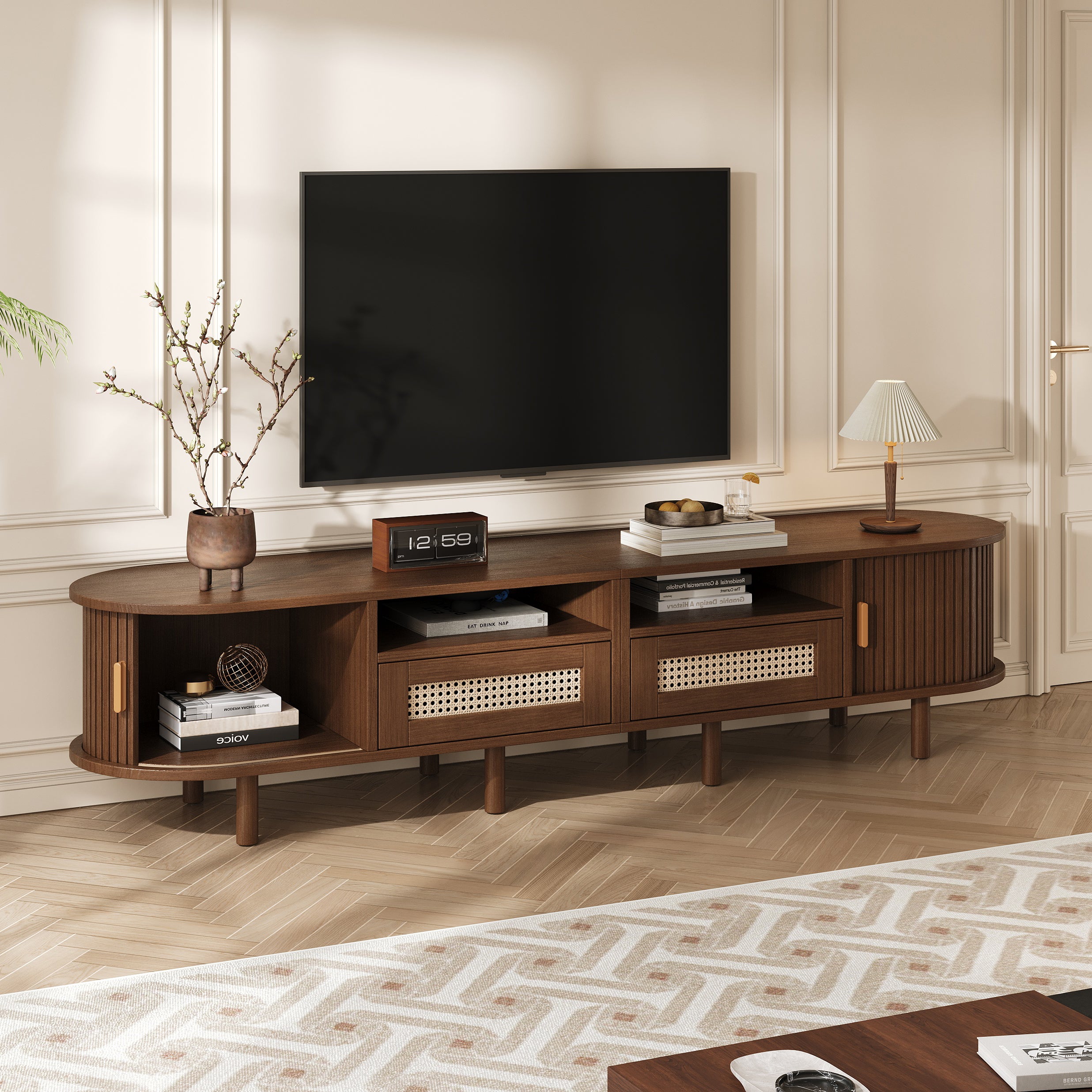 Stolik pod TV 170x40x40cm - z 2 szufladami rattanowymi - 2 drzwiami przesuwnymi - MDF - brązowy - 3
