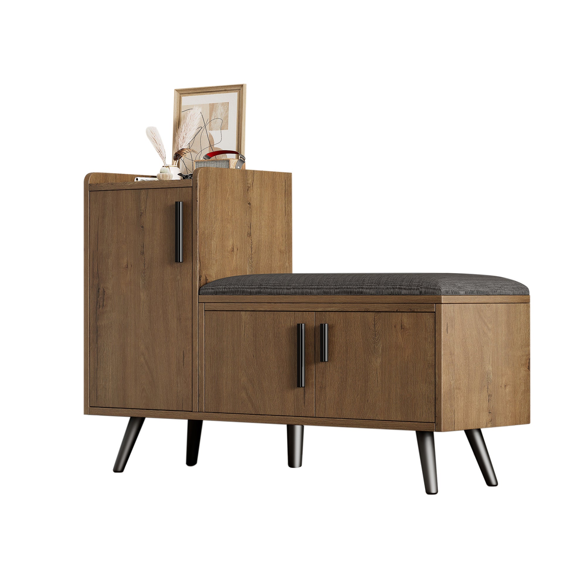 Panca moderna portascarpe con 3 ante e cuscino - gambe e maniglie in metallo - colore naturale - 100 x 34 x 69 cm - 2