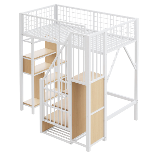 Lit mezzanine multifonction 90 x 200 cm, lit en métal avec rangements, étagères et escalier, lit adulte et lit enfant, blanc - 7