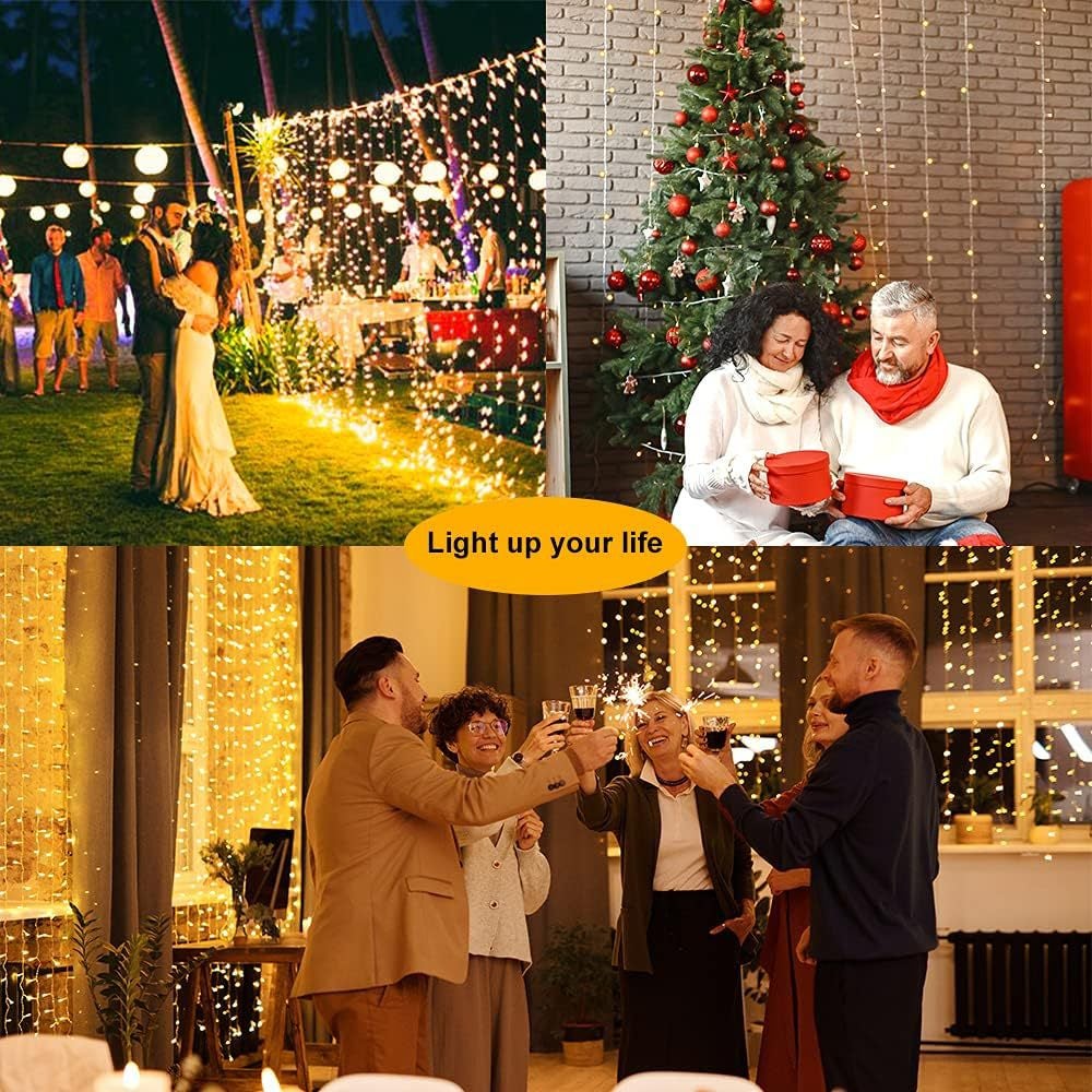 Rideau lumineux solaire d'extérieur, 3 x 2 m, 200 LED, rideau lumineux avec 8 modes de télécommande, guirlande lumineuse solaire étanche en cascade - 7