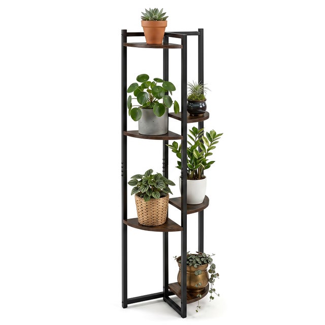 Support Plantes Intérieur 6 Niveaux, Étagère Autoportante avec Cadre Métallique, Kits Anti-Basculement, Patins Antidérapants, 42 x 22 x 136 cm