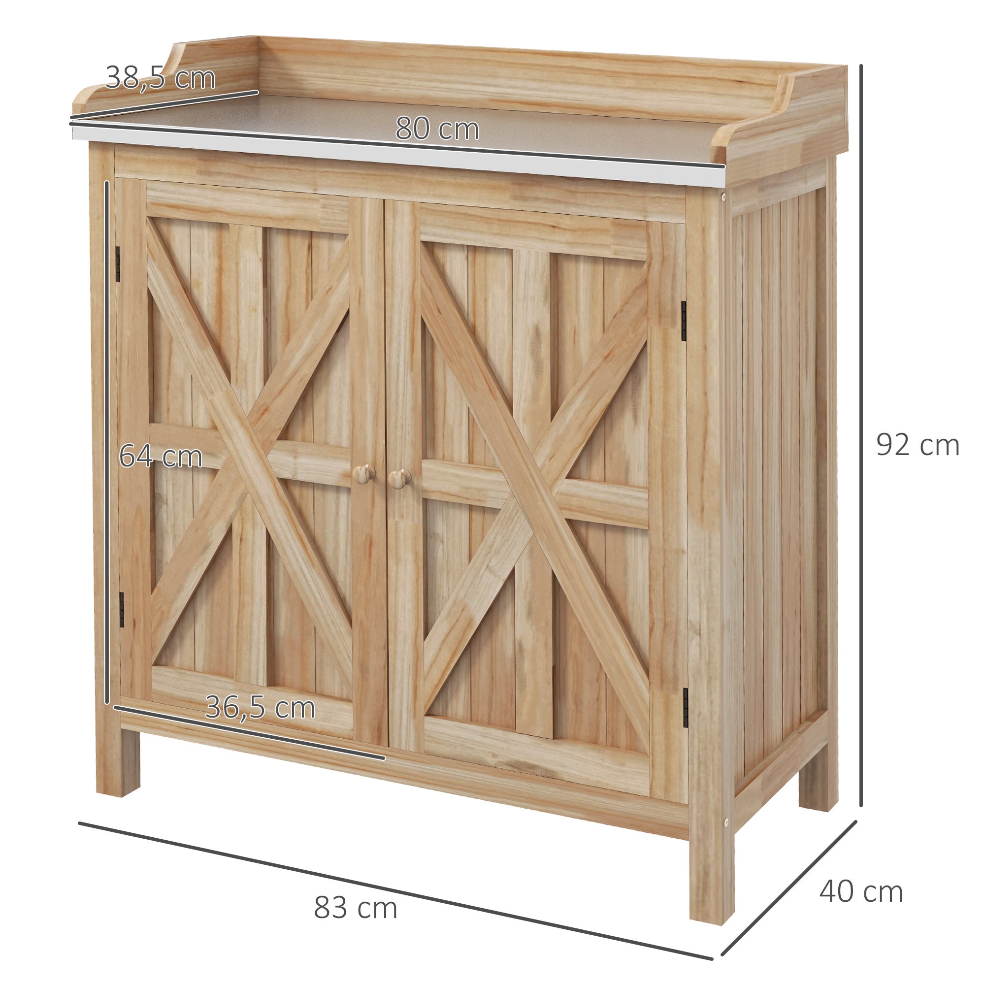 Table de rempotage armoire de rangement avec 2 étagères, plateau galvanisé patins antidérapants en bois sapin - 5