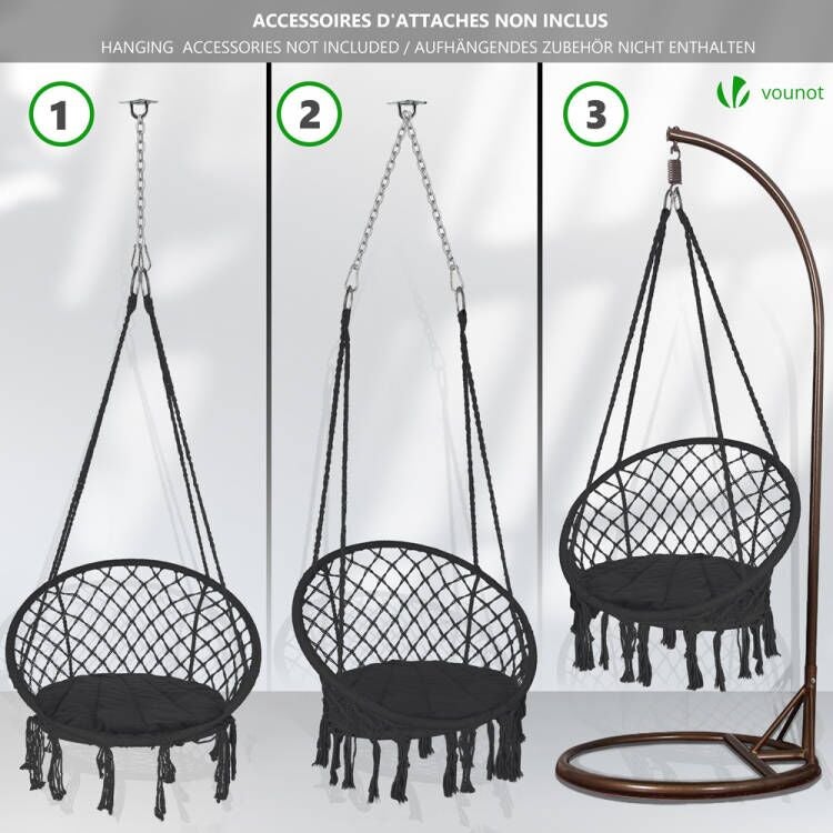 VOUNOT® Chaise hamac suspendu à franges avec coussin de siège - fauteuil balançoire confortable - noir - 5