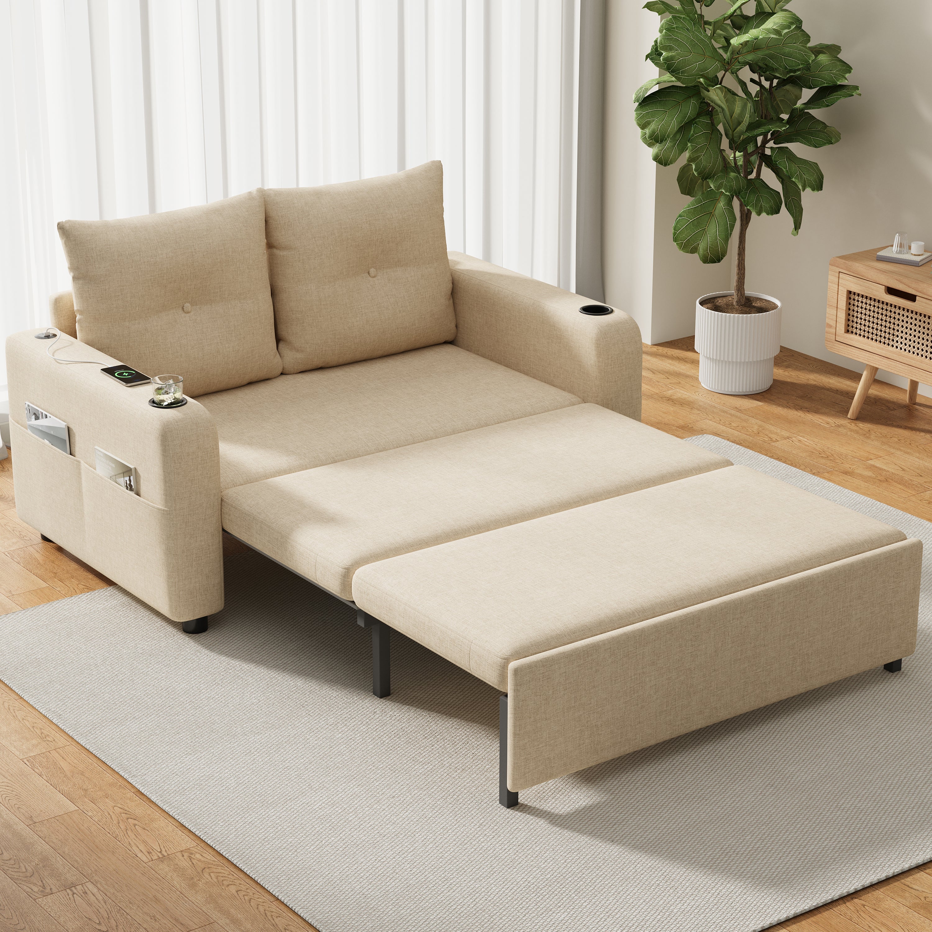 Sofa 2-osobowa z funkcją spania, uchwytem na kubek, portem USB i kieszeniami bocznymi - 131 x 81 x 94 cm - Tapicerka bawełniano-lniana - Beżowa - 3