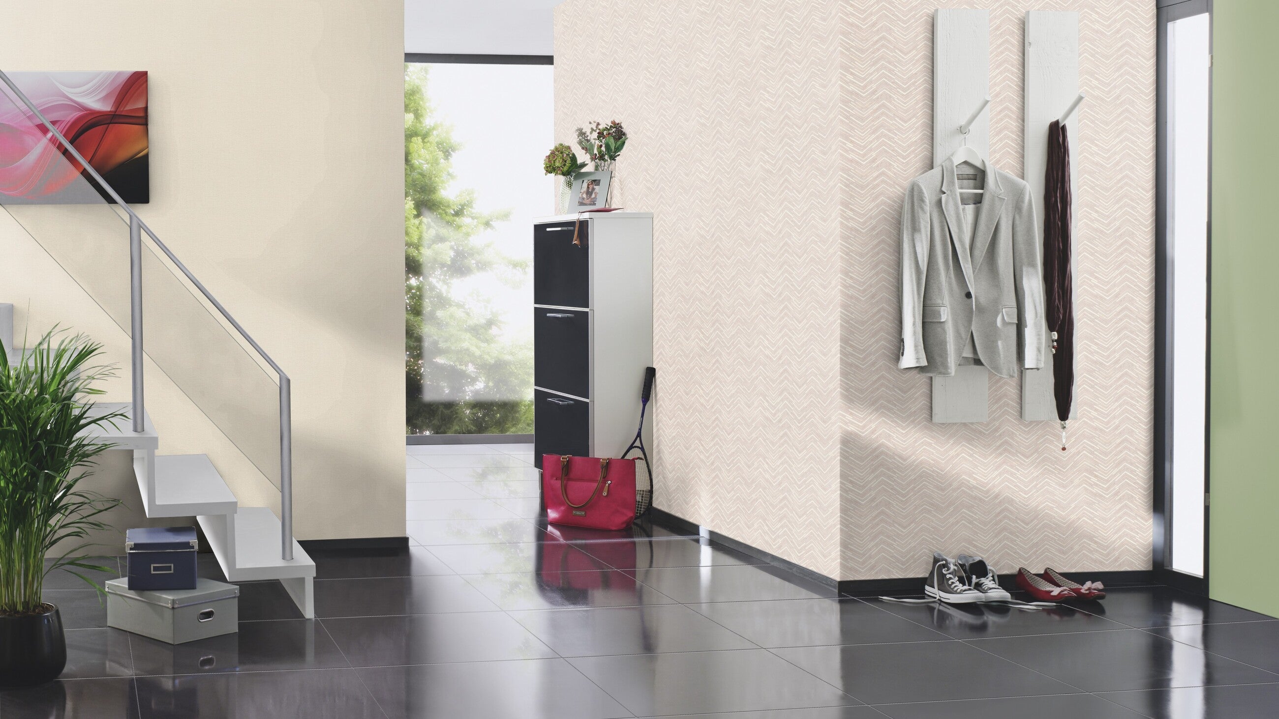 Carta da parati Rasch 560961 - Carta da parati in tessuto non tessuto con motivo a spina di pesce, motivo chevron in bianco e grigio - 5