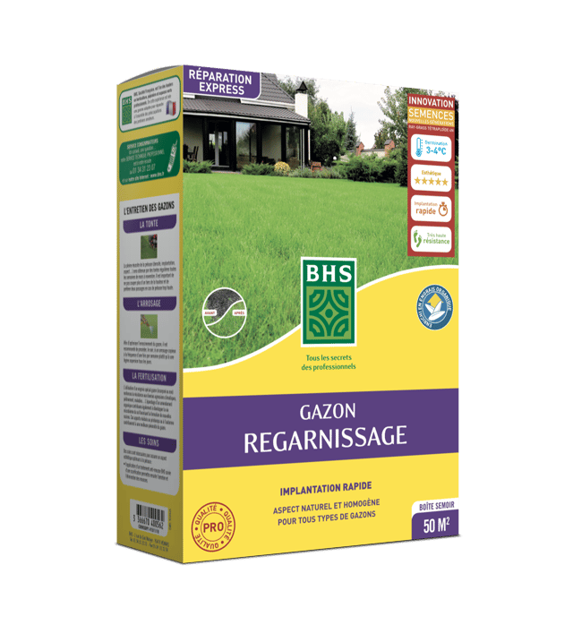 BHS GRP1 - 1kg - 50 m² - Semence Gazon Regarnissage et Engrais - Gazon Plus résistant et Mieux protégé - Tous Types de Terrain et Climats