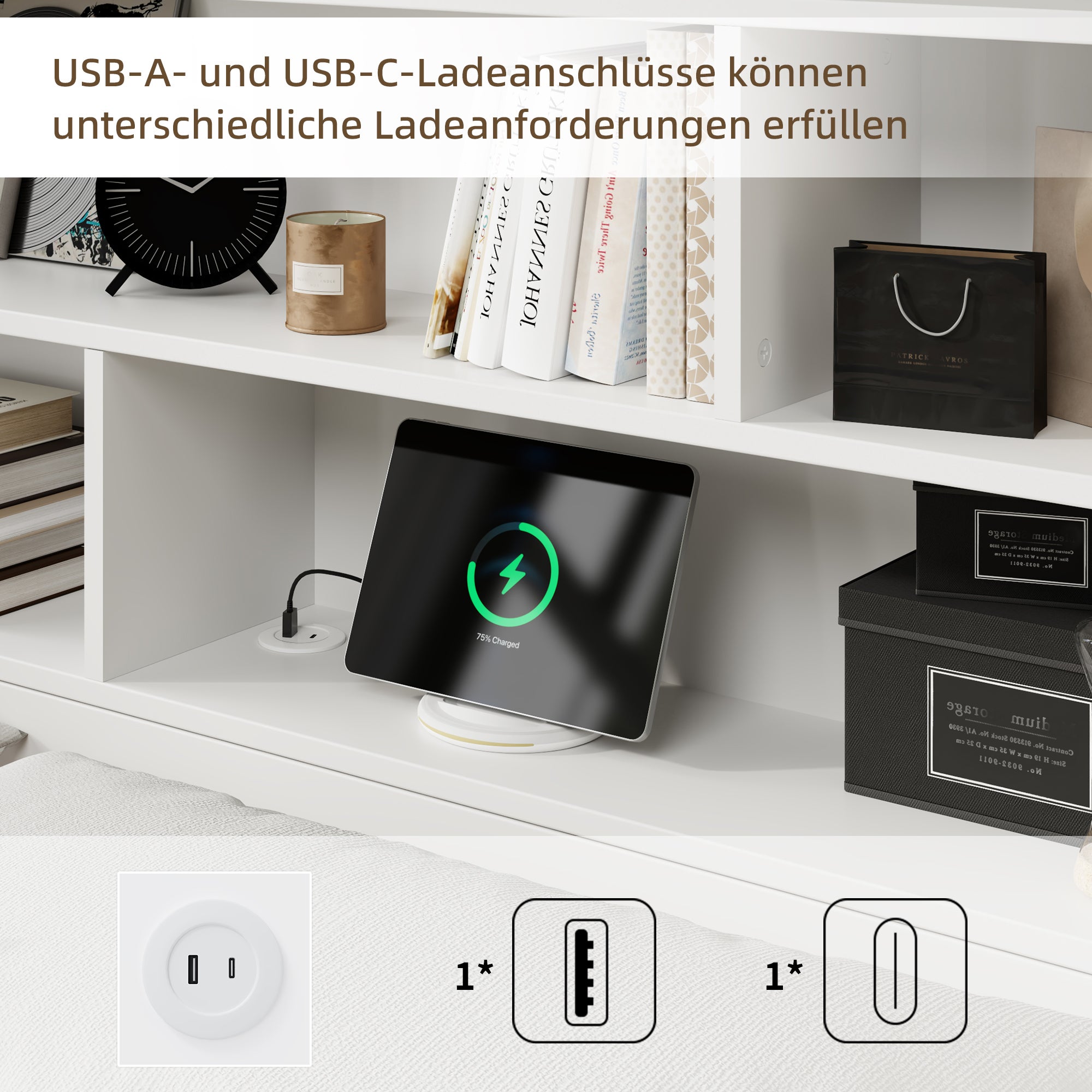 Lit coffre 140 x 200 avec tête de lit et compartiments de rangement- Charge USB - Bois MDF - Blanc (sans matelas) - 5