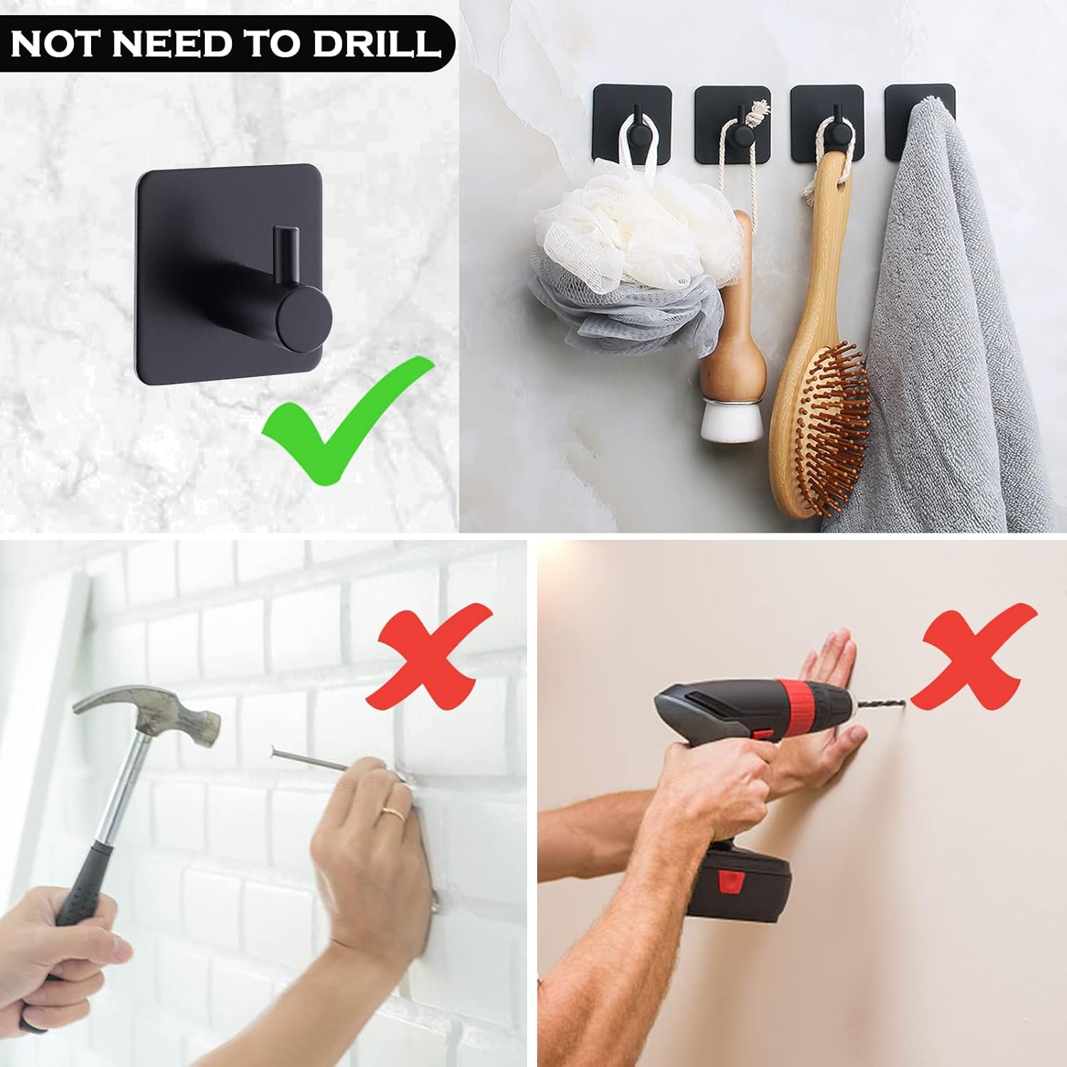 10 Pièces Crochet Mural Crochet Adhésif Noir,Crochet Auto Adhésif En