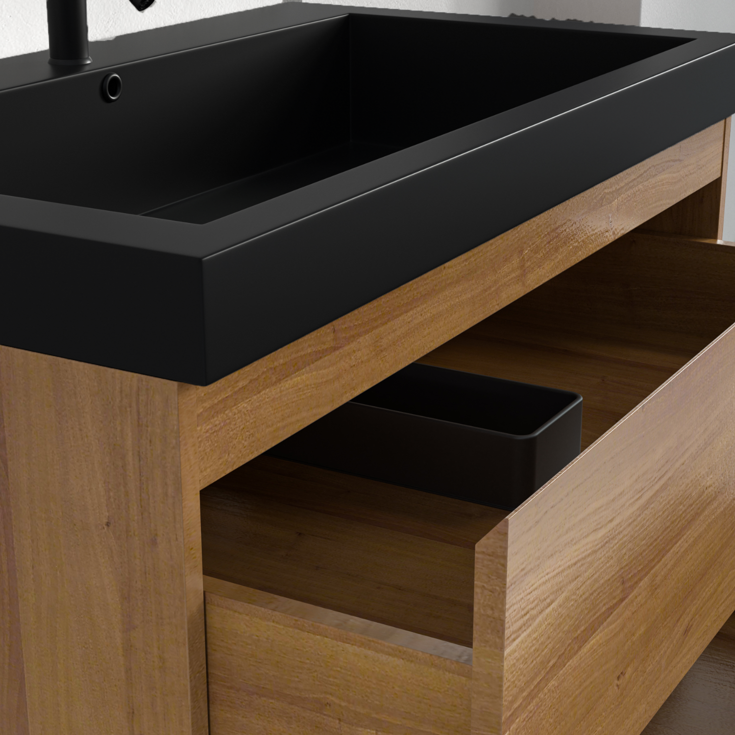 Ensemble meuble vasque 80 cm avec colonne - LOMAZOO Avalon - chêne chaud - lavabo noir - 4