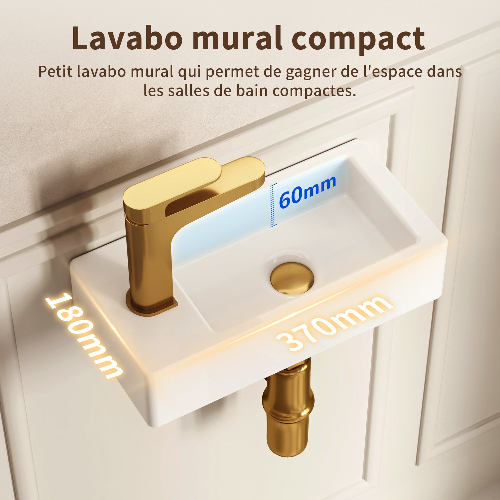 Vasque Lave Main Meuble - DeerValley Vasque Suspendu Rectangulaire Blanc pour Vasque Salle de Bain - Trou pour Robinet à Gauche 37x18x9cm - 3