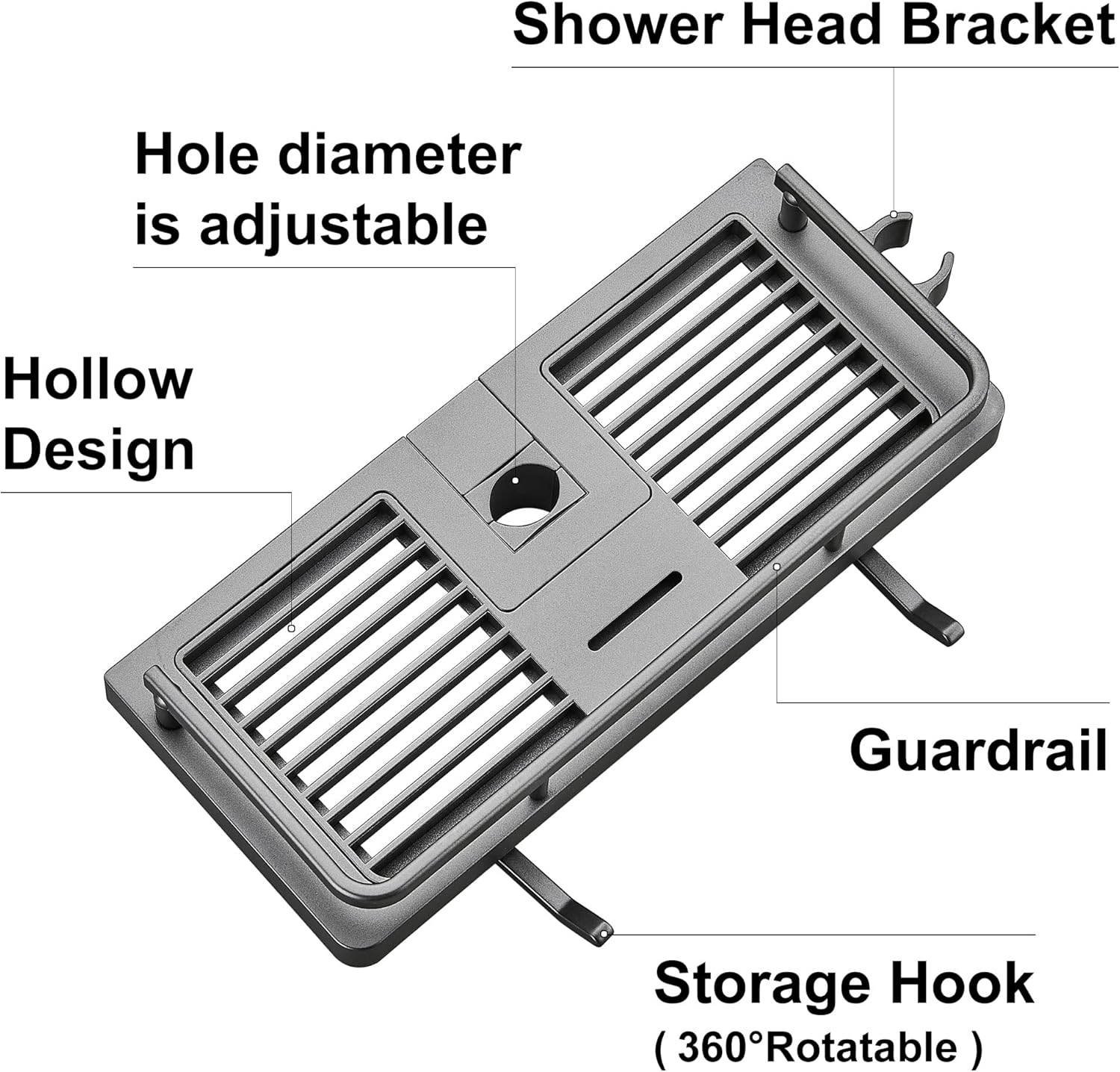 Étagère de douche sans perçage pour barre 21-25 mm – Tablette avec support pommeau, rangement shampoing et savon, 2 crochets inclus - 5