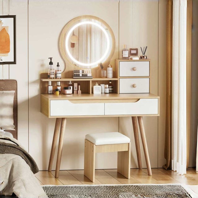 Coiffeuse LED avec miroir, table de maquillage en MDF effet bois, 2 tiroirs et tabouret, 80×40×135 cm