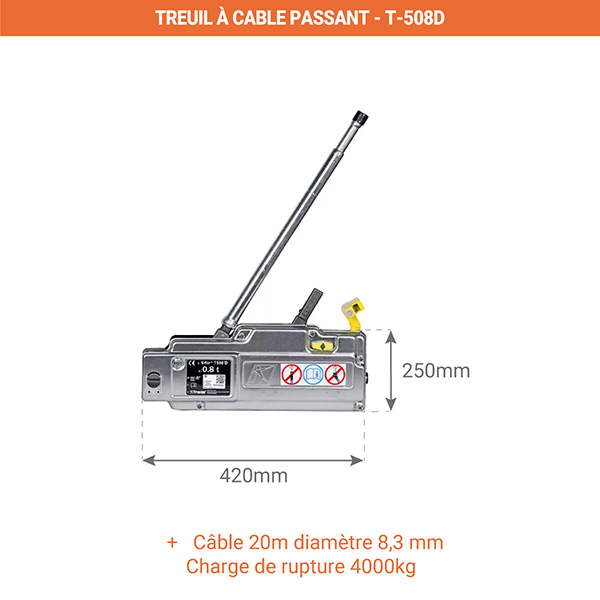Tirfor - Treuil à câble passant Cap. 800kg + câble 20m - T-508D - 2