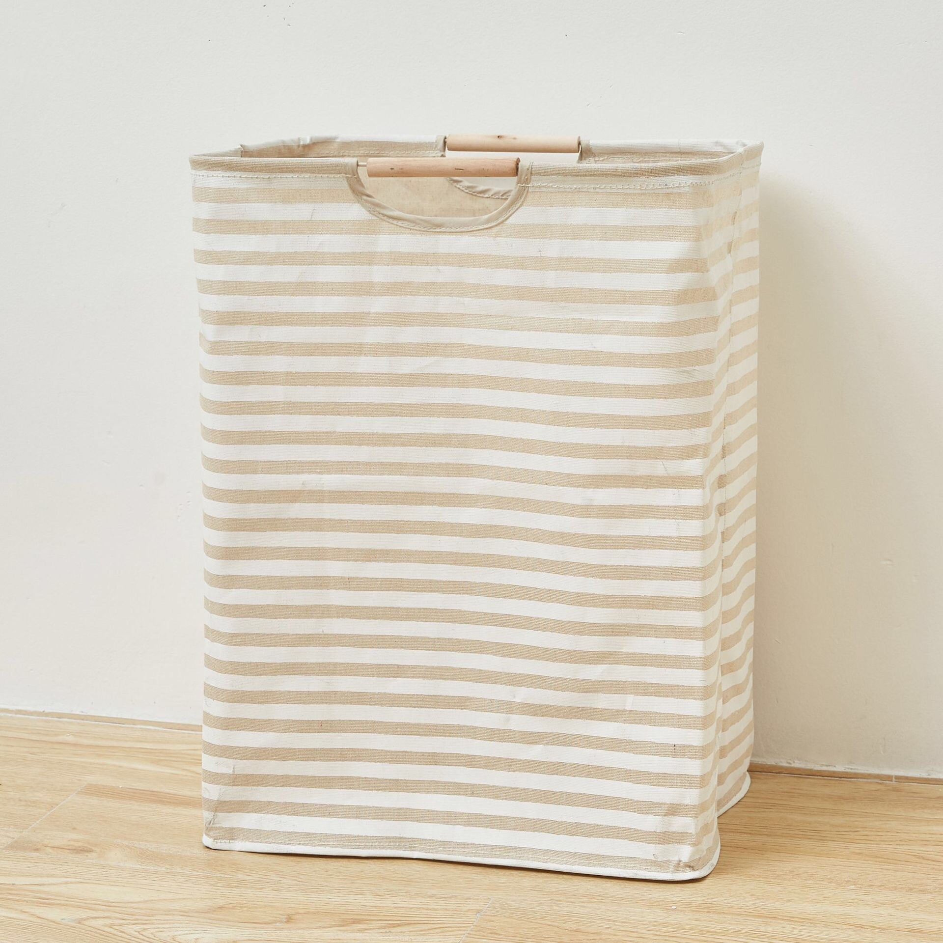 Kosz na pranie z podwójnym uchwytem, wolnostojący kosz na brudną bieliznę, kosz do przechowywania 56*40*27 cm, styl poziomy w paski biało-khaki