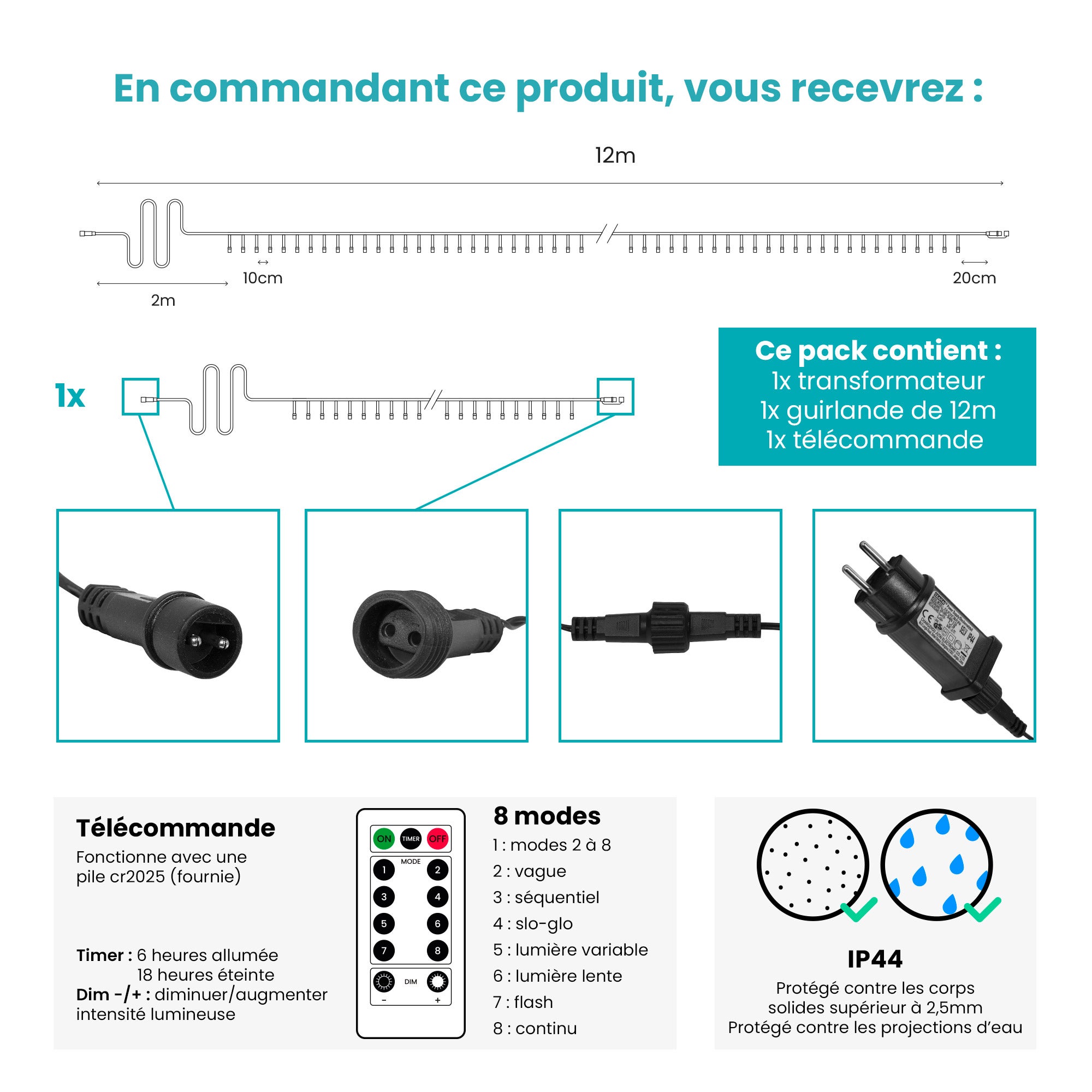 Guirlande Lumineuse 12m Câble Transparent 100 Leds Blanc chaud - 2
