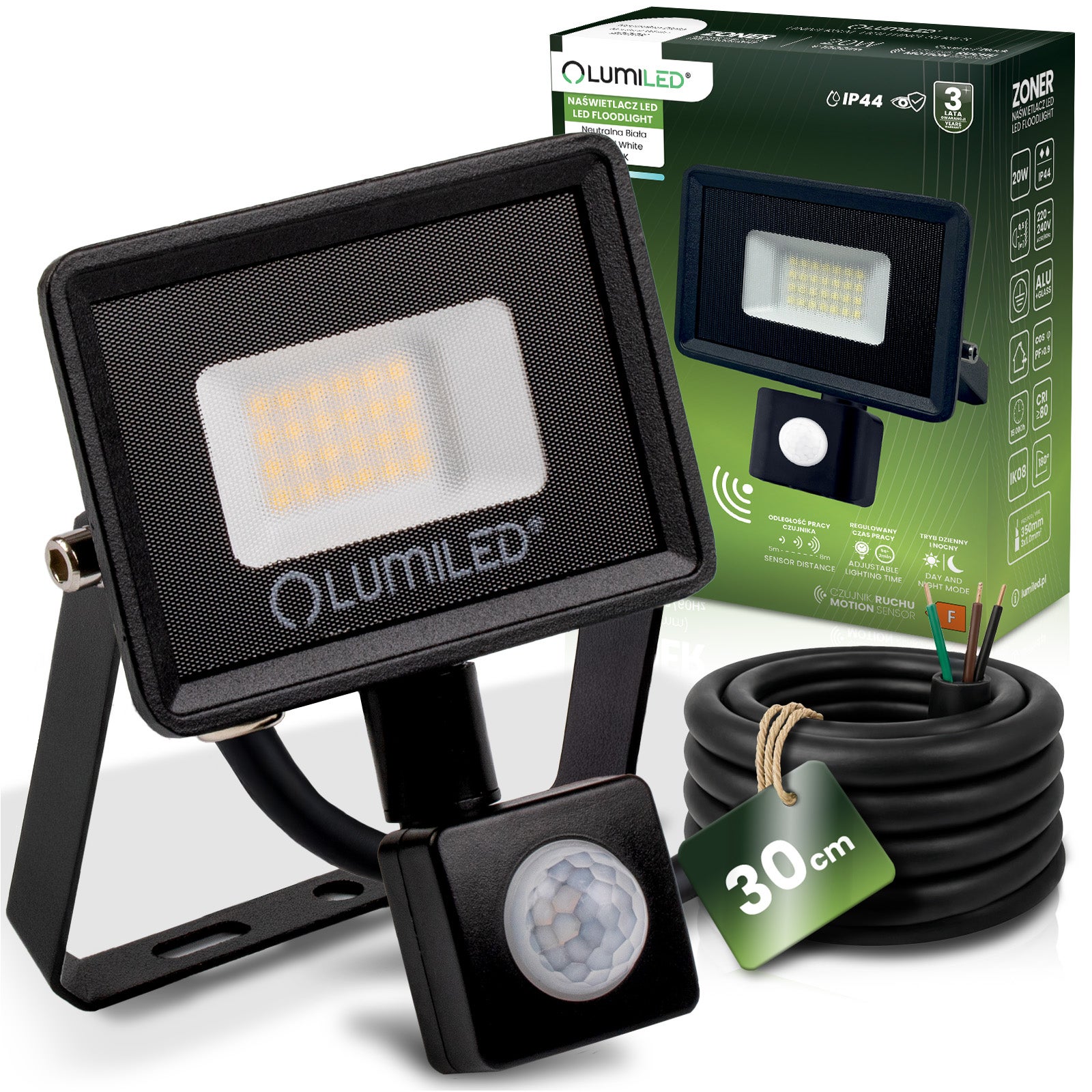 Naświetlacz LED Lumiled 20W 1800LM 4000K Neutralna biel IP44 Czarny Czujnik Ruchu 1 szt.