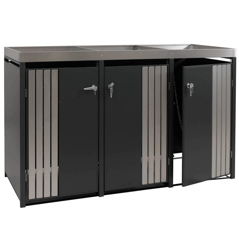 Osłona na 3 pojemniki na śmieci HWC-O67, schowek na pojemniki na śmieci z donicą, metal 125 x 196 x 84 cm 75 kg ~ antracyt Stal nierdzewna