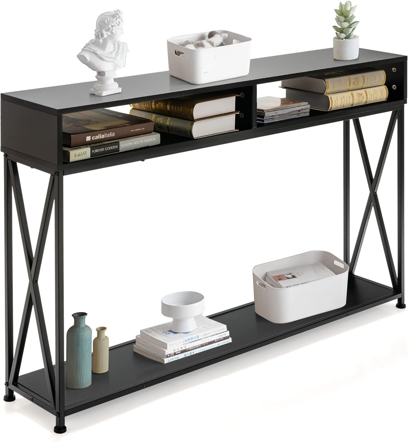 Stolik Konsolowy w Stylu Industrialnym, 120 x 23 x 79 cm, z 3 Otwartymi Półkami, Żelazna Rama, Stolik Pomocniczy, do Przedpokoju i Salonu (Czarny)