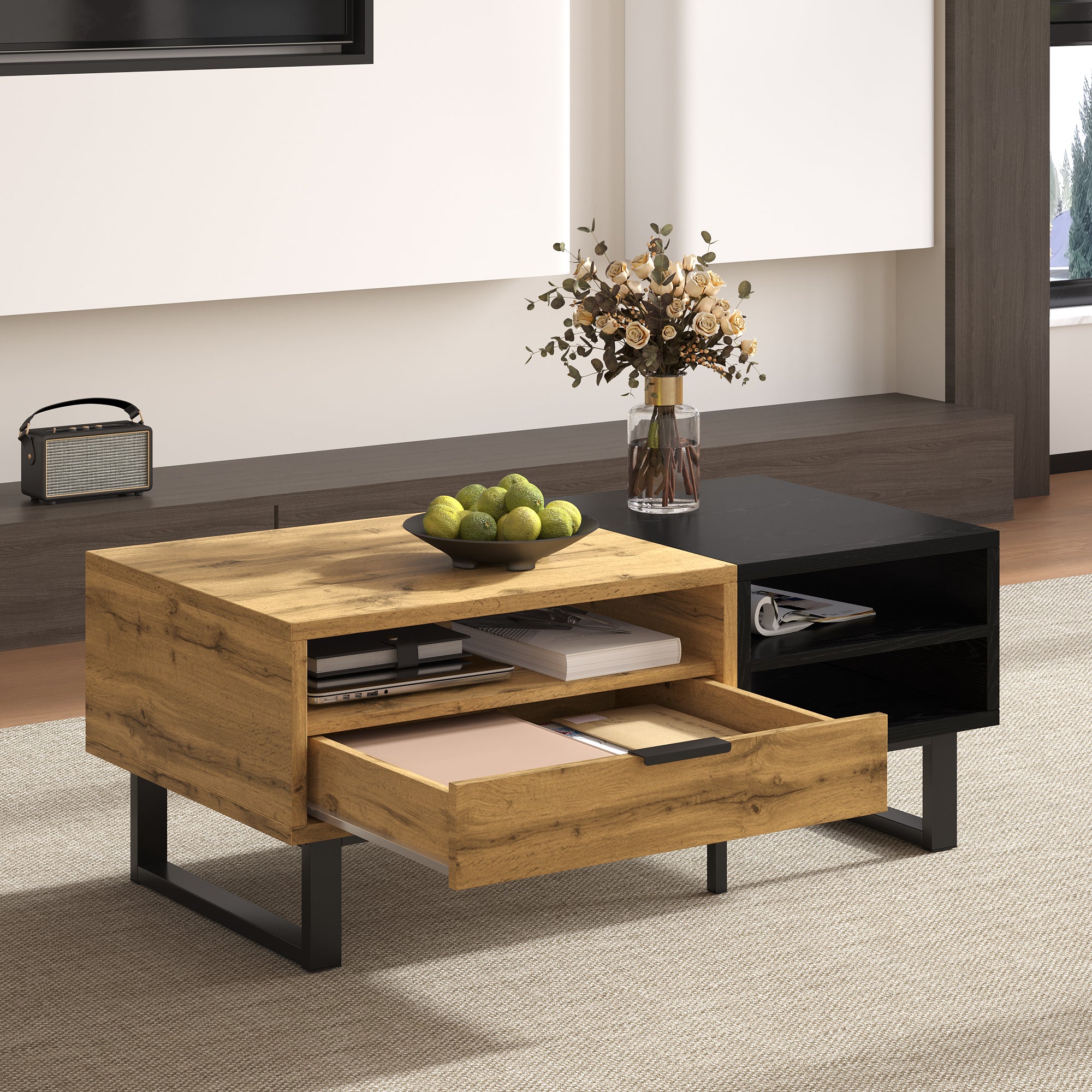 Table basse, table de salon avec structure color block, avec compartiments et tiroirs, pieds en métal. - 7
