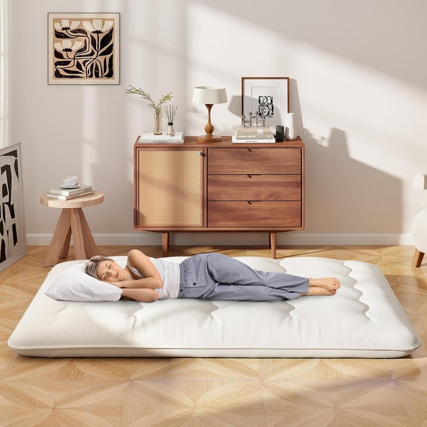 Składany materac futon, japoński materac futon 140 x 200 cm, zmywalny pokrowiec, dla gości (beżowy) - 8