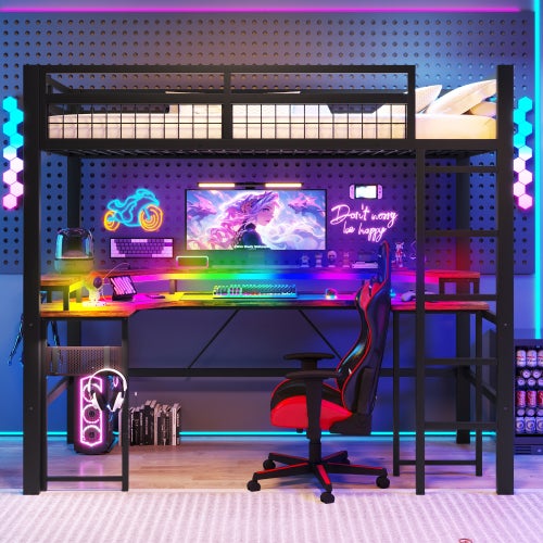 Cama alta 90x200 cm con escritorio, LED RGB, USB, Type-C, enchufes ...