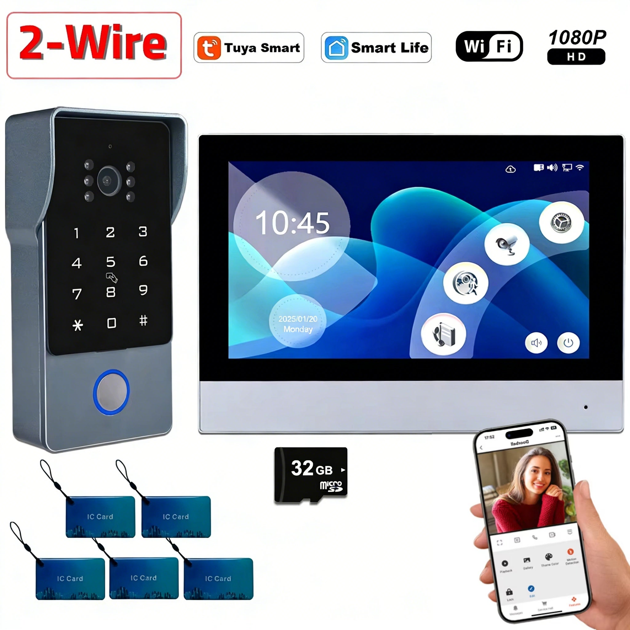 LOLLANDA Visiophone intelligent Tuya Wifi 1080P, 2 fils, interphone vidéo pour maison intelligente, moniteur tactile 7 pouces, sécurité(mot de passe) - 7