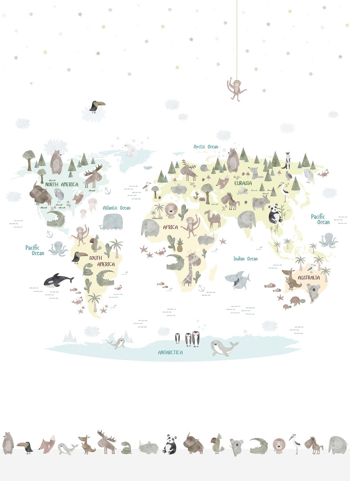 Fototapeta mapa świata dla dzieci szarymIw wielu kolorach - 212 x 275 cm - SANDERS &amp; SANDERS