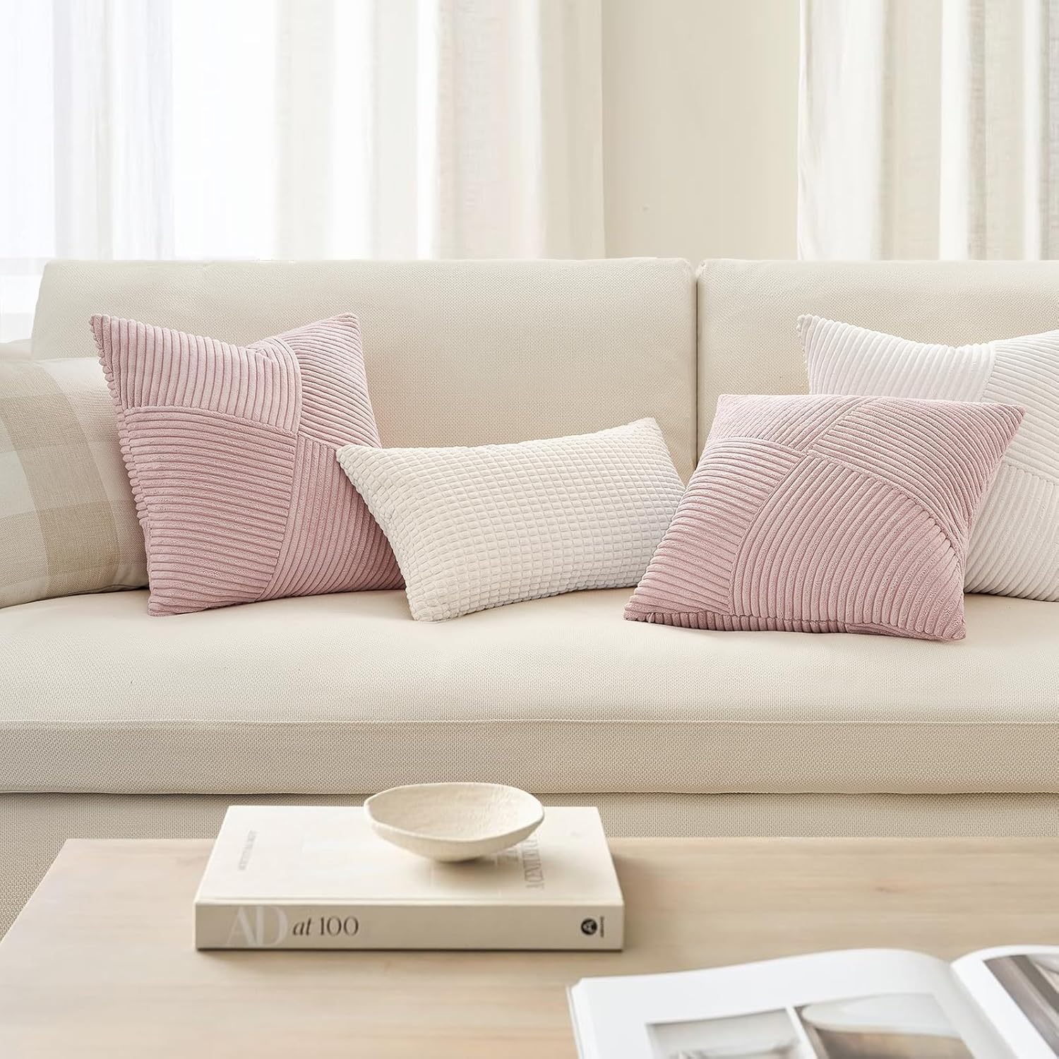 Housse de Coussin Rose 45x45 en Velours Côtelé Super Doux Canape Motif à Rayures Patchwork Decoration Maison Salon Chambre pour Canapé Lot de 2 - 3