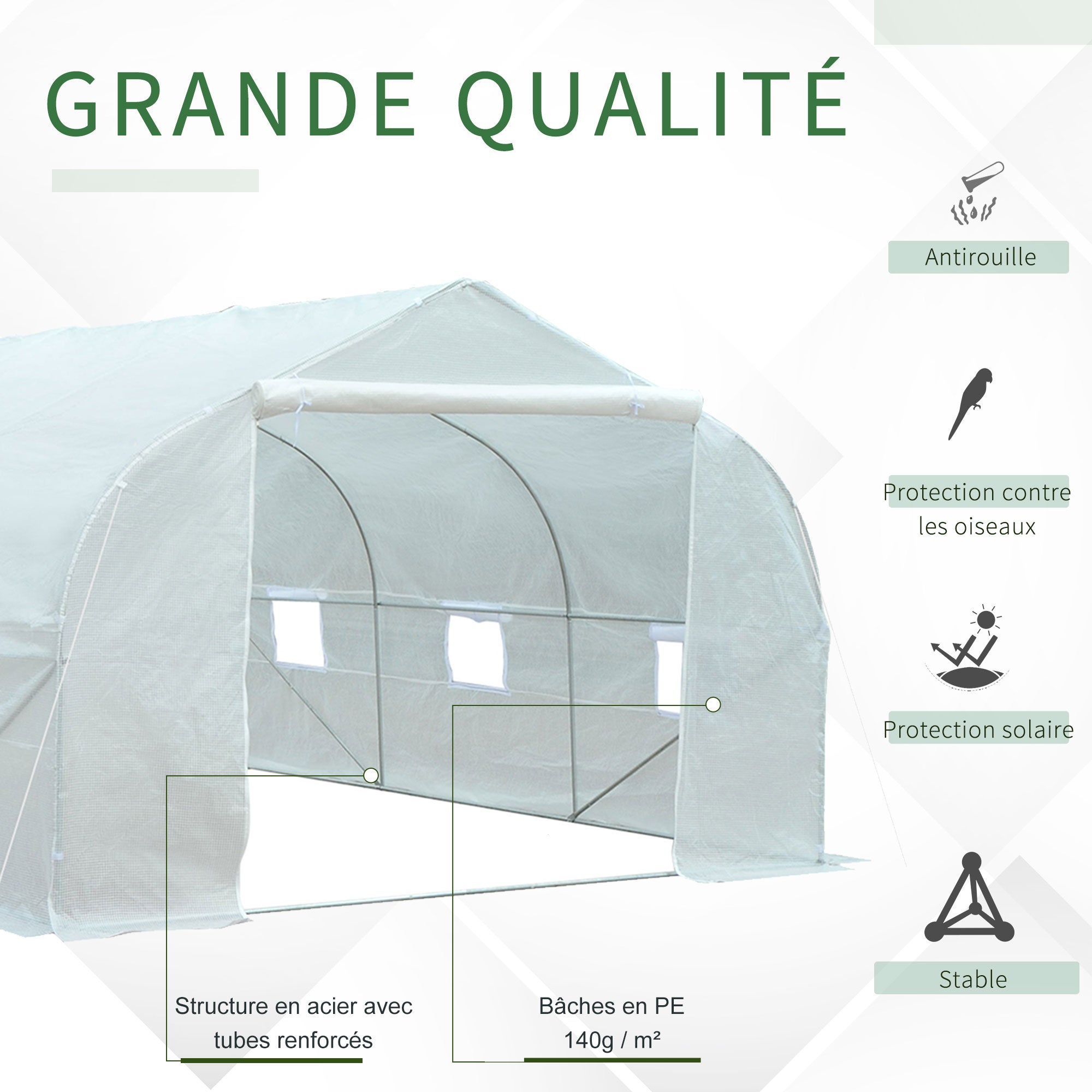 Serre Tunnel de Jardin 13,35 m² dimensions 4,5L x 3l x 2H m Porte + 6 fenêtres enroulables Acier galvanisé bâche PE Haute densité Blanc - 9