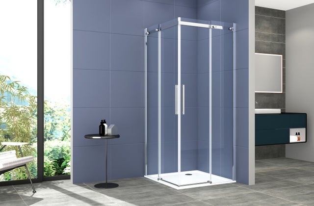 Mampara de ducha de esquina 110x110 cm con puertas correderas en cristal templado de 8 mm H 200 cm CLARA Cromo