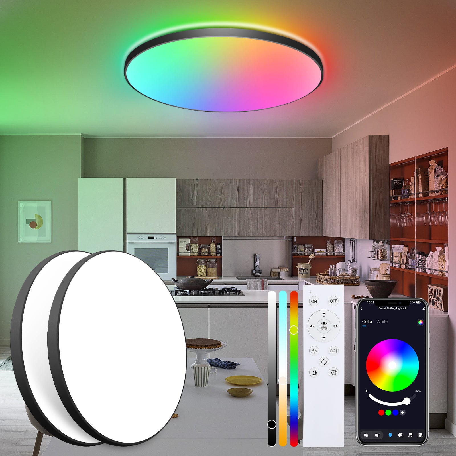 LOVHAUS 2 szt. Plafony LED 22W, 16 milionów kolorów RGB, biały ciepły/neutralny, regulowany,sterowanie przez aplikację,pilot zdalnego sterowania,Ø30CM