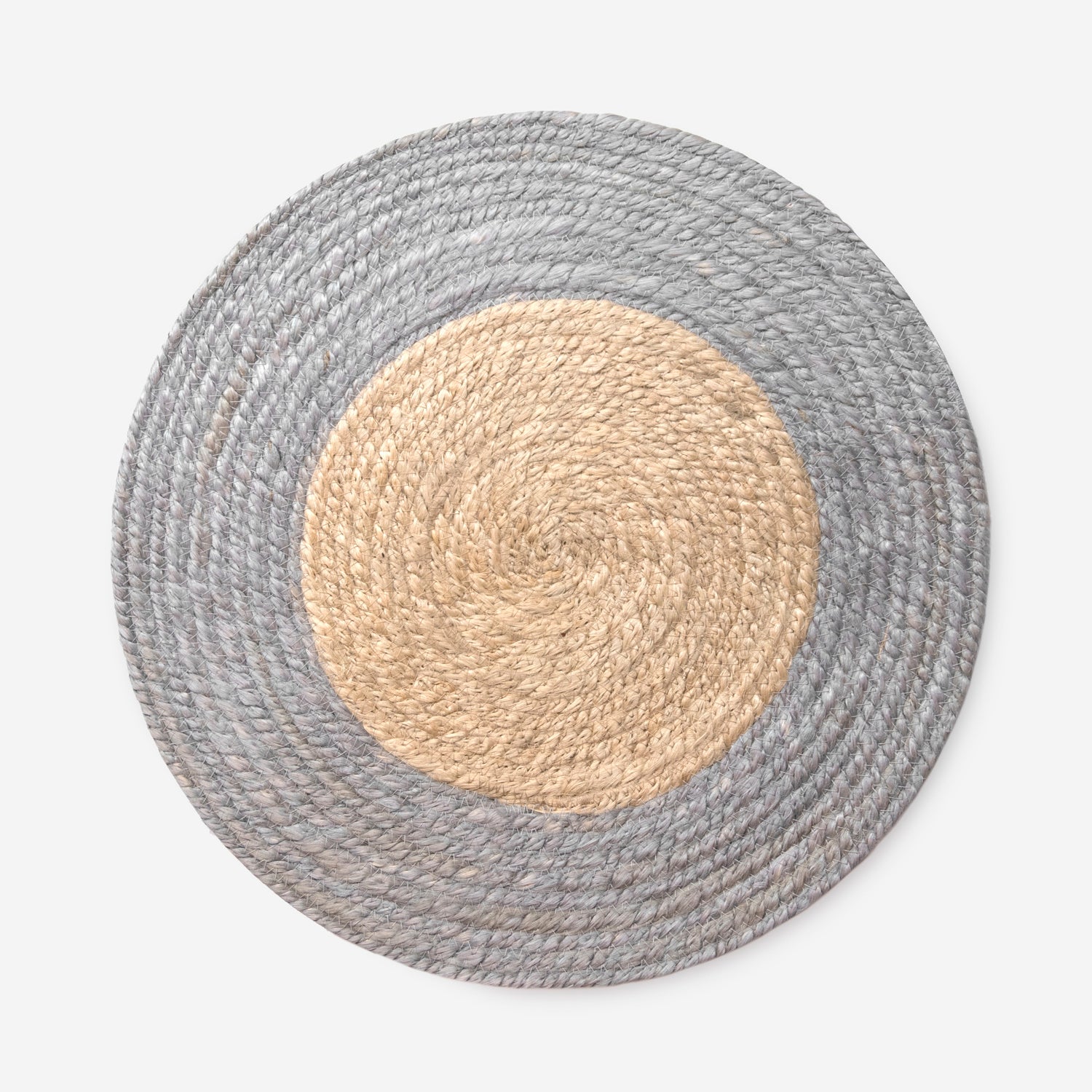 Zestaw 2 okrągłych podkładek z juty Liugi Ø36 cm szary z naturalnym środkiem | Ręcznie wykonane podkładki stołowe