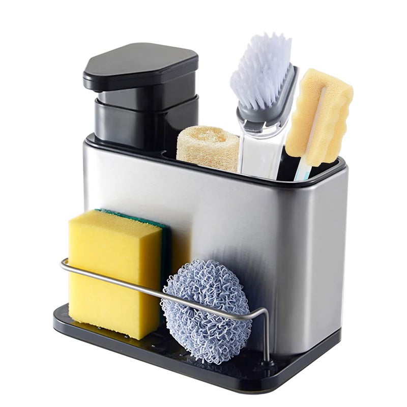 Organizacja przestrzeni przy zlewie kuchennym dozownik płynu do naczyń z miejscem na gąbkę szczotkę ociekacz gąbki zlewu kuchennego stali nierdzewnej