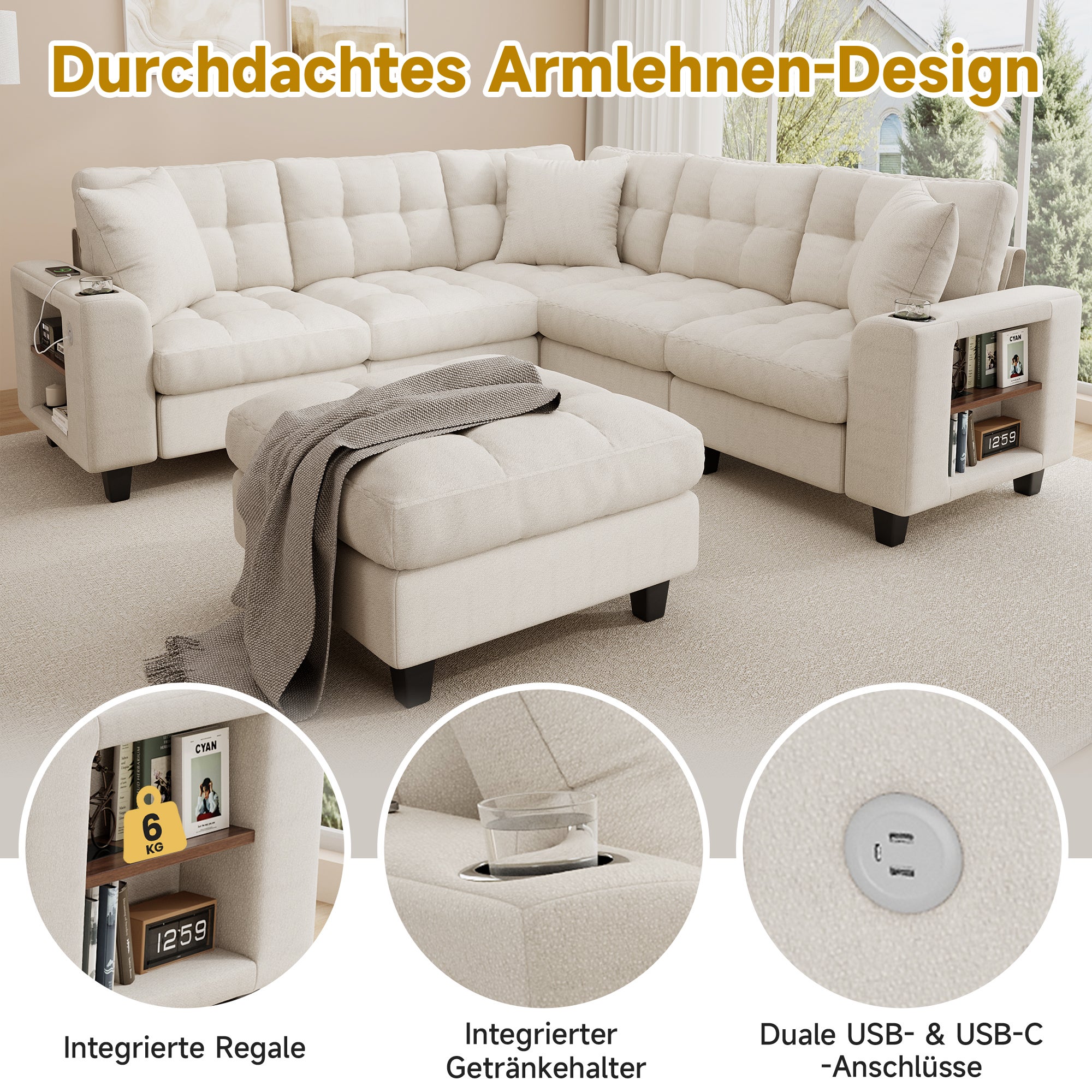 Canapé d'Angle XXL Modulaire en U, 6 Places en Chenille avec Accoudoirs Bibliothèque, Pouf Amovible, Porte-Gobelets et Ports USB/USB-C Intégrés, Beige - 6