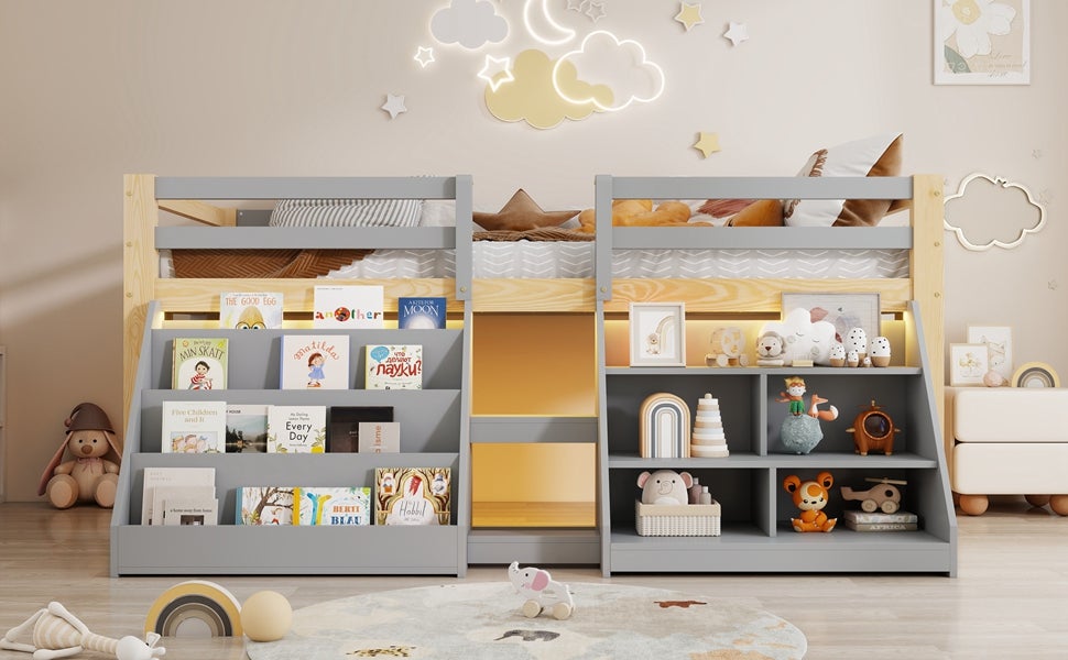 Lit mi-hauteur enfant 90 x 200 cm avec étagères et barrière de sécurité - Pin + MDF + contreplaqué - LEDs - Naturel + gris (Sans matelas) - 4