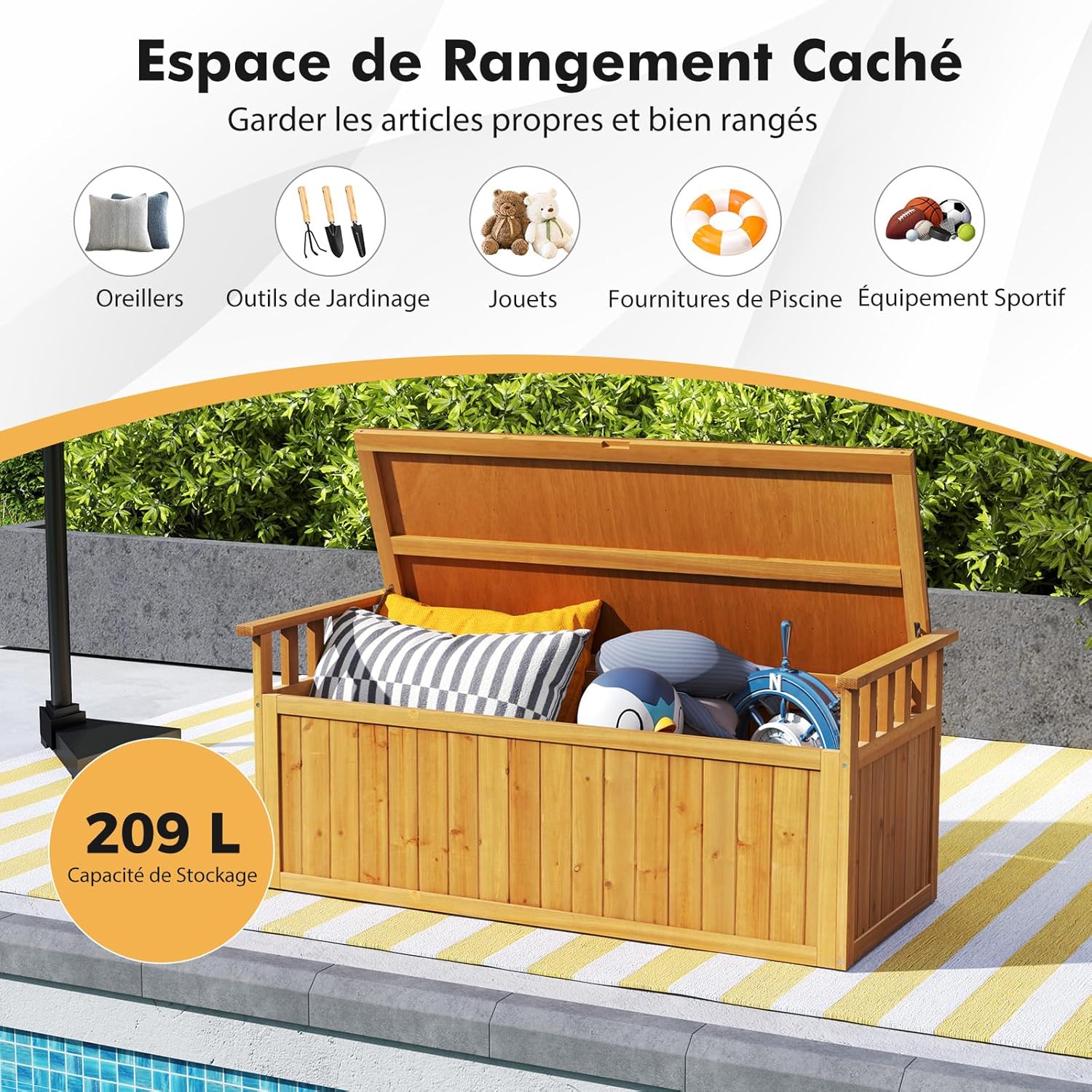 Banc de Rangement d'Extérieur en Bois, Banc d'Extérieur à 2 Places de 209 L avec Accoudoirs, pour Outils de Jardin, Charge 100KG - 6