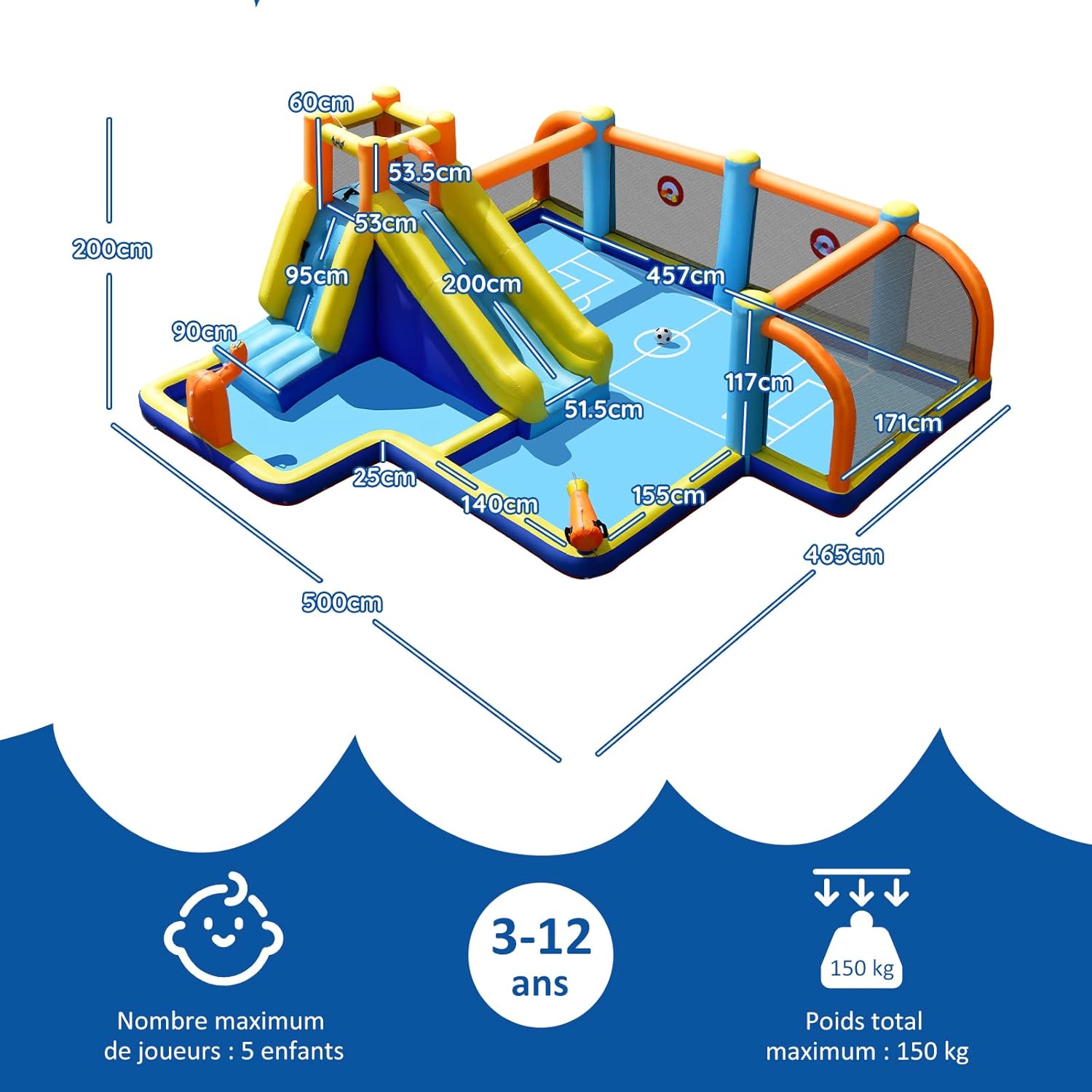 Castelo Inflável com Soprador 680W, Escorrega Aquático, Parede de Escalada, Piscina, Campo de Futebol Jogo de Dardos para Crianças 3-12 Anos - 3