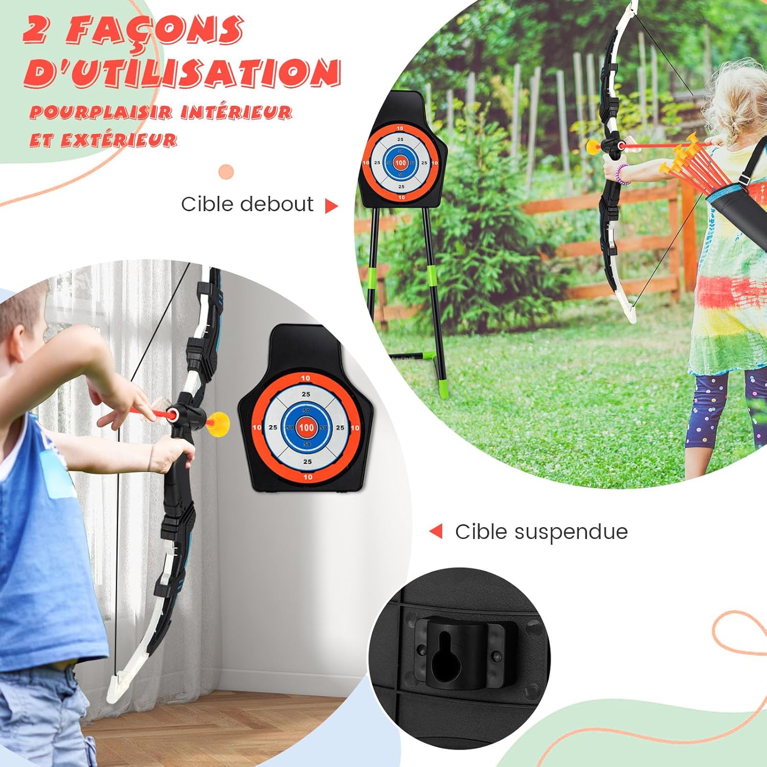 Arcs et Flèches Enfants, Ensemble Tir à l'arc à LED avec 20 Flèches à Ventouse, 2 Carquois, Jeu de Tir Intérieur Extérieur pour 3 à 12 Ans - 6