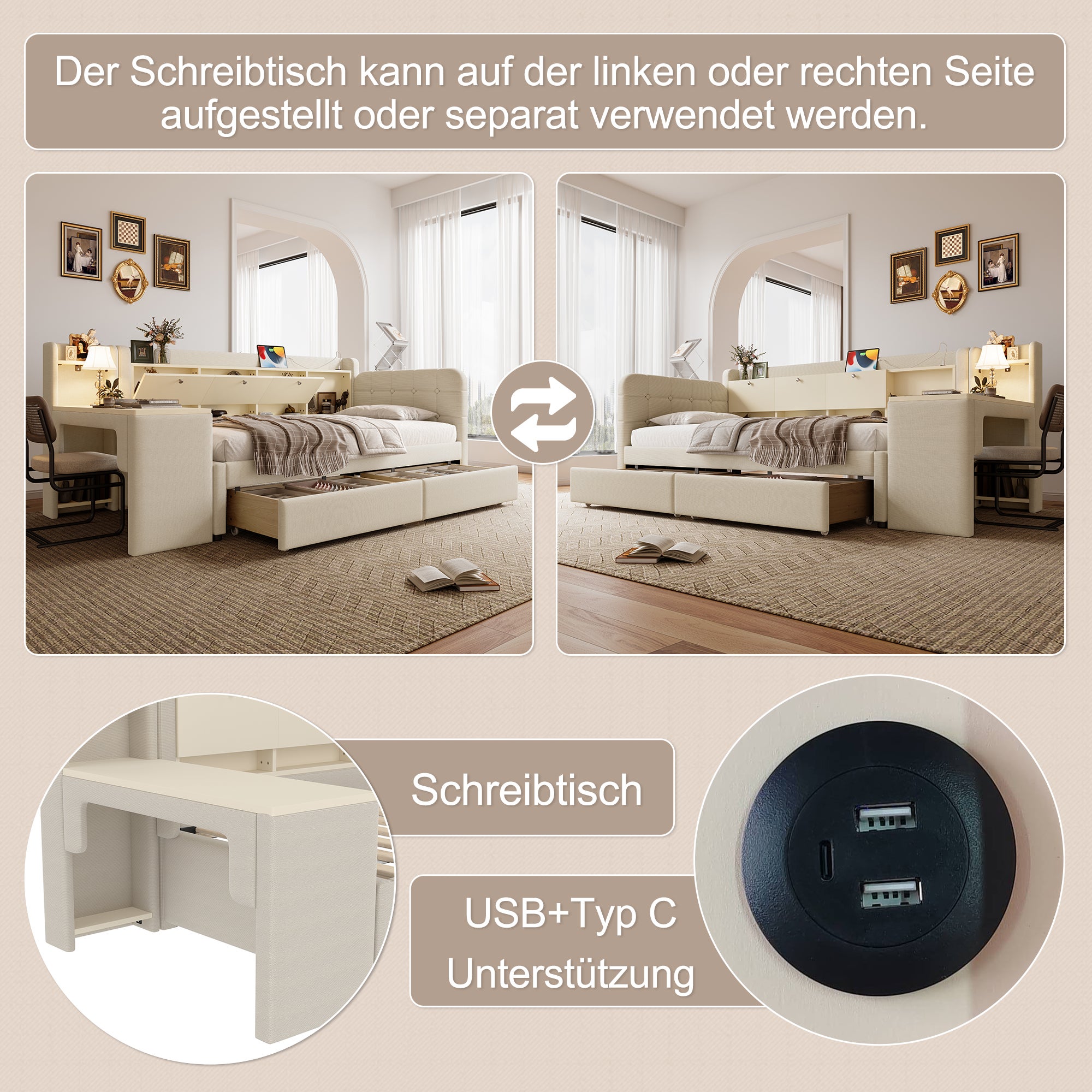 Canapé-lit Banquette 2 En 1 Avec Rangement - 90x190 Cm - Ports USB/Type-C - Tissu Lin-beige - Méridienne Convertible Pour Studio Ou Chambre D'appoint