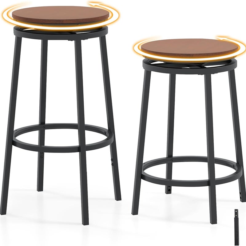 Zestaw 2 Stołków Barowych, Regulowana Wysokość 61/74 cm, Obrót o 360°, z Podnóżkiem, z Drewna i Metalu, Kolor Brązowy Vintage
