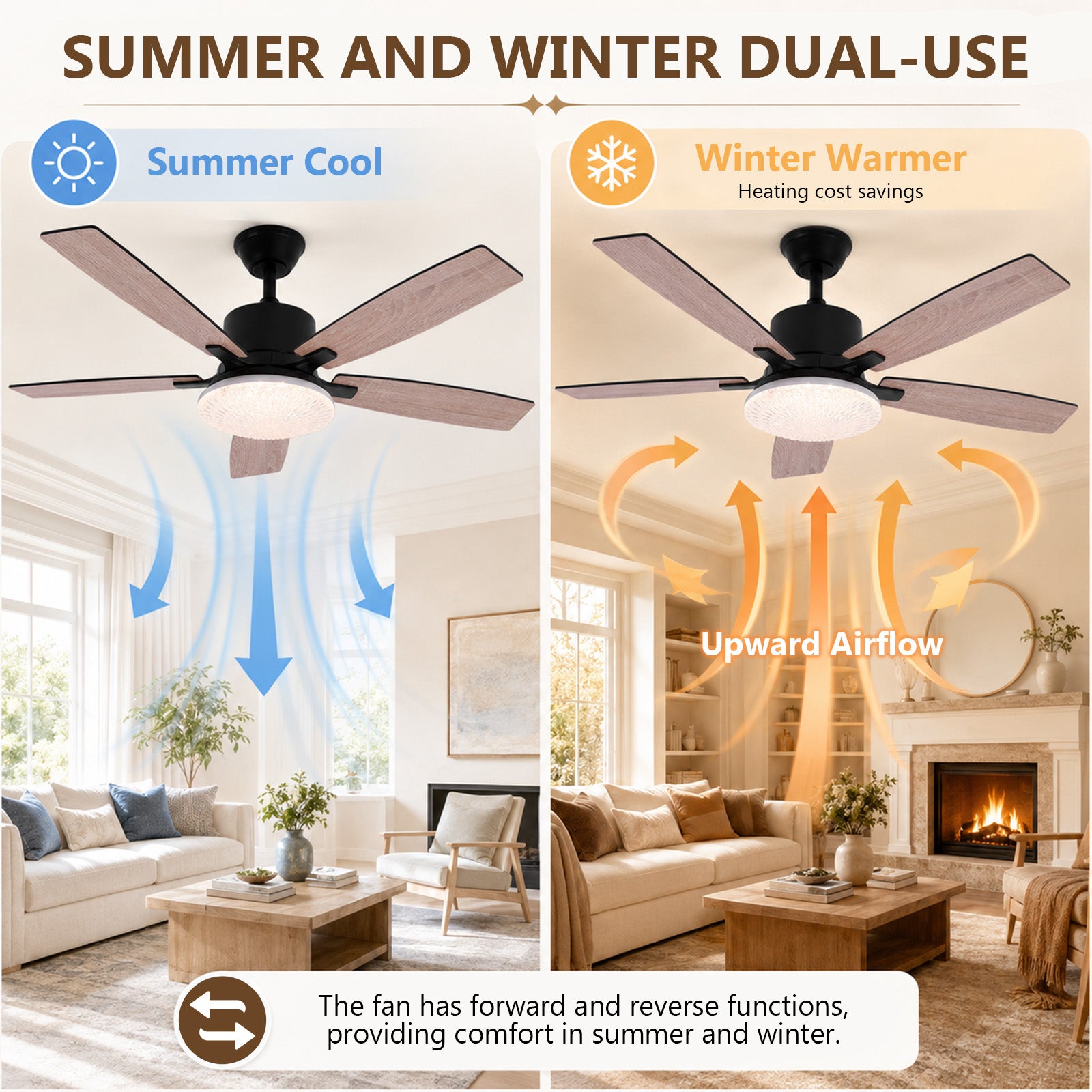 Ventilateur de plafond avec éclairage LED 132 cm 3000K-6500K diffuseur effet cristal pales aspect bois/noir, moteur DC télécommande/appli - 7