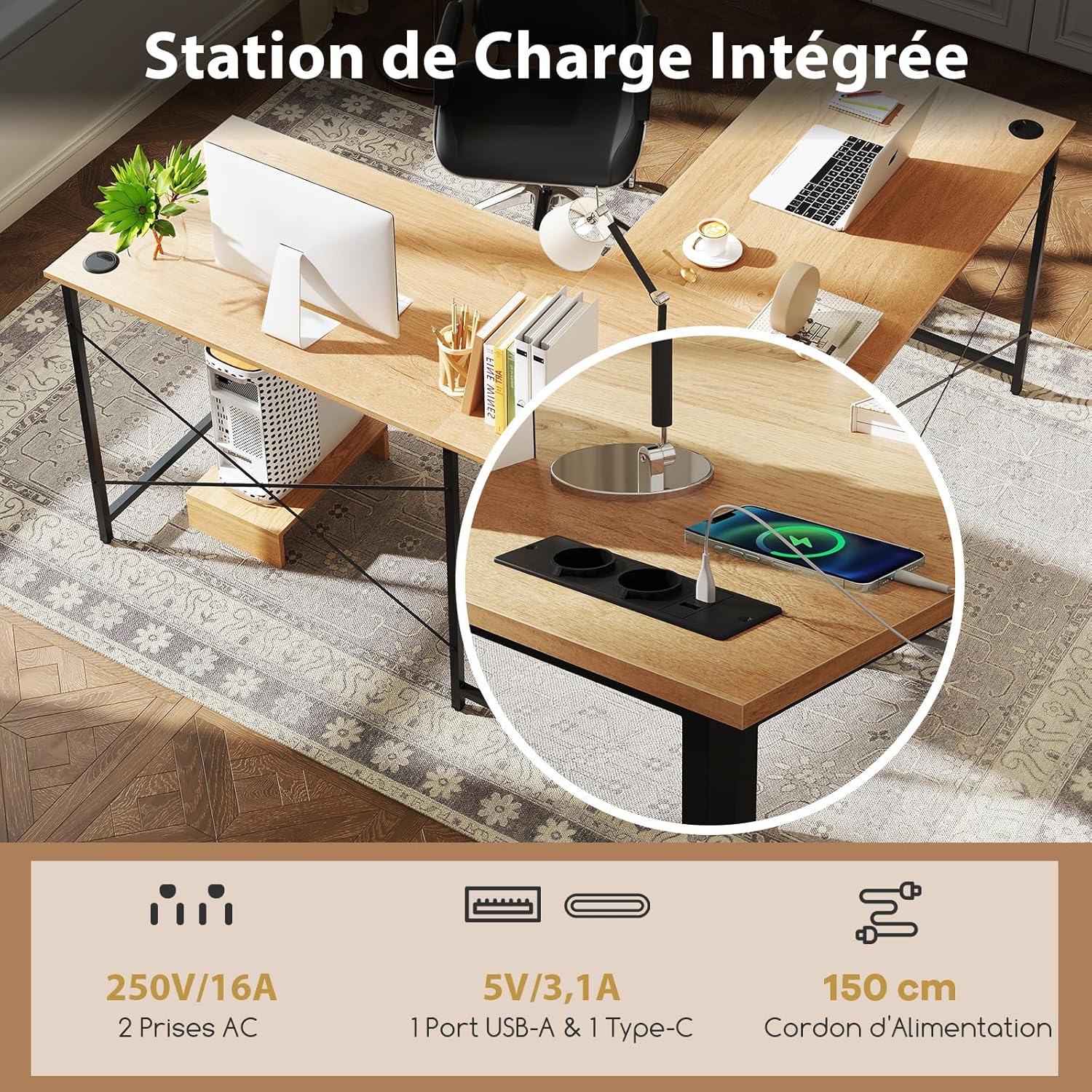 Scrivania Angolare Salvaspazio Reversibile, Scrivania ad Angolo a Forma di L con Presa Integrata, Supporto per Host e Fori per la Gestione dei - 6