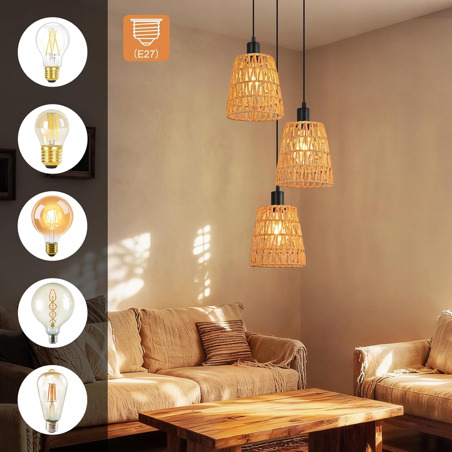 Lampa wisząca Nettlife Boho Rattan z 3 żarówkami – żyrandol z plecionej liny konopnej w stylu vintage, E27 (żarówki nie są dołączone) - 5