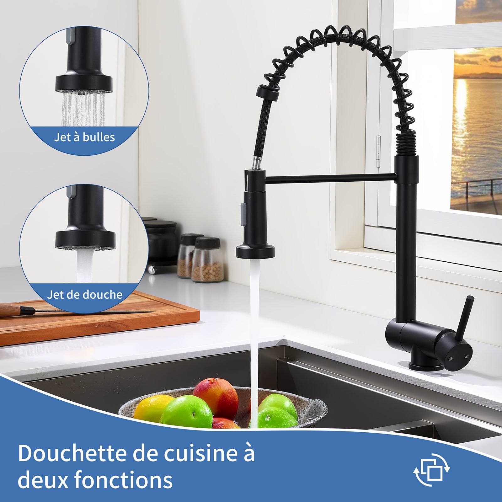 Mitigeur de Cuisine Noir pliable à ressort avec douchette 2 Jets, Robinet de Cuisine d'Evier Rabattable Rotatif à 360° en Inox 304 - 3