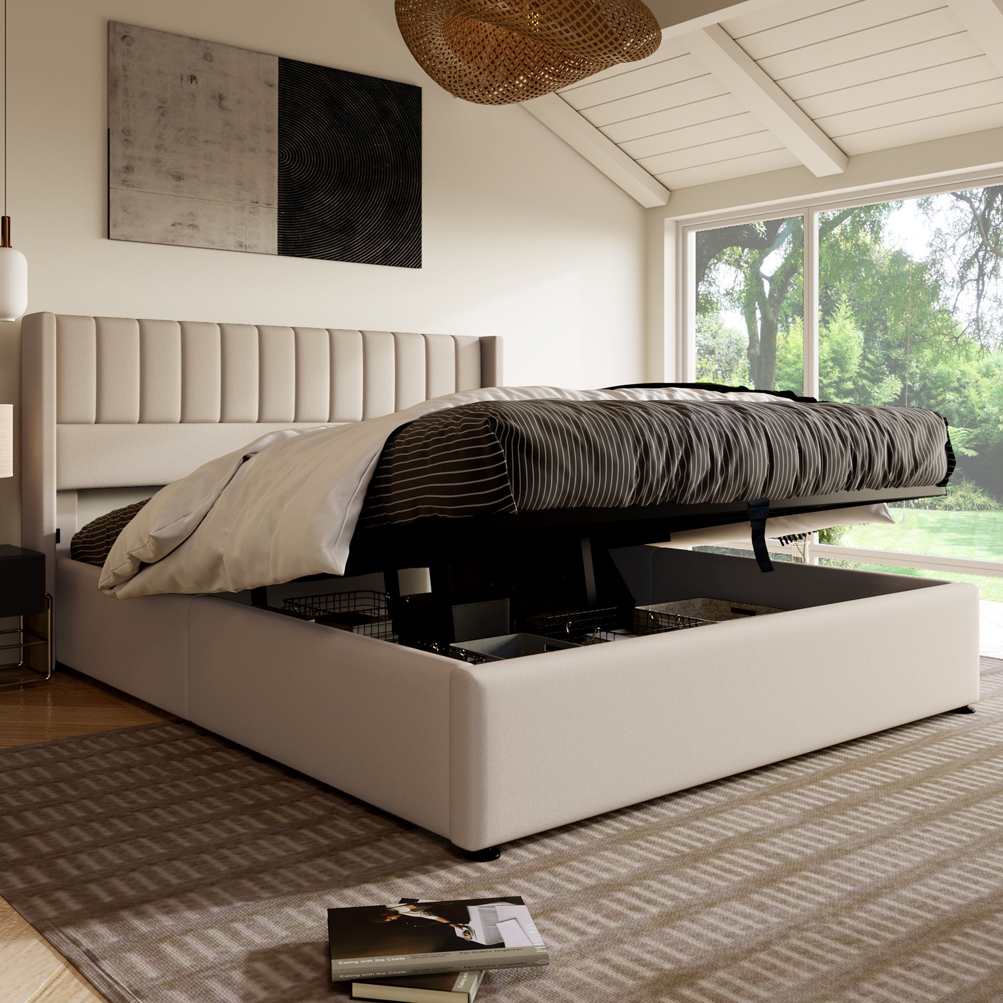 Lit Capitonné Double 140*200 cm - Coffre Sommier En Bois - Lit Sommier En Métal - Lin - Beige - Matelas Inclus - 2