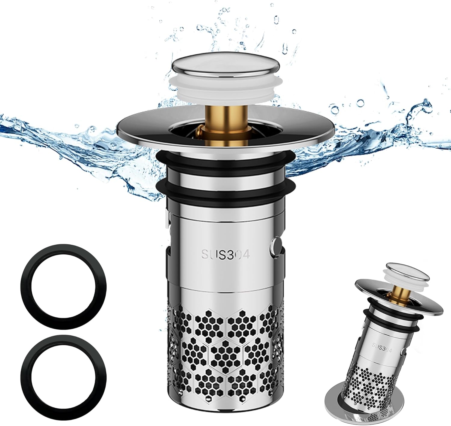 Bouchon De Lavabo Inox Pop-Up Universel Amélioré Avec Filtre Anti-Bloqué - Orifice 34-40mm (Or)