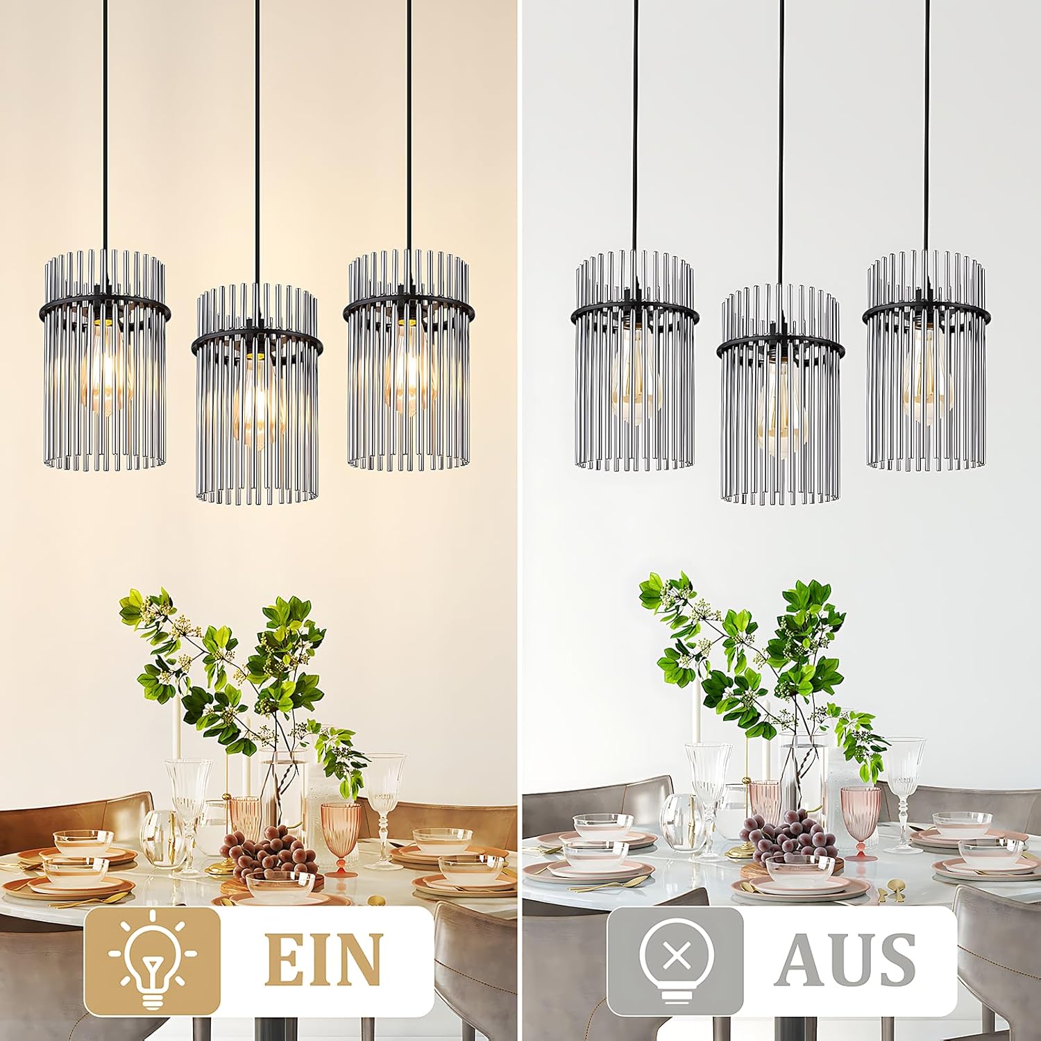 ZMH Lampa wisząca w stylu vintage z trzema żarówkami, czarne szkło, E27 (żarówka nie jest dołączona) - 7