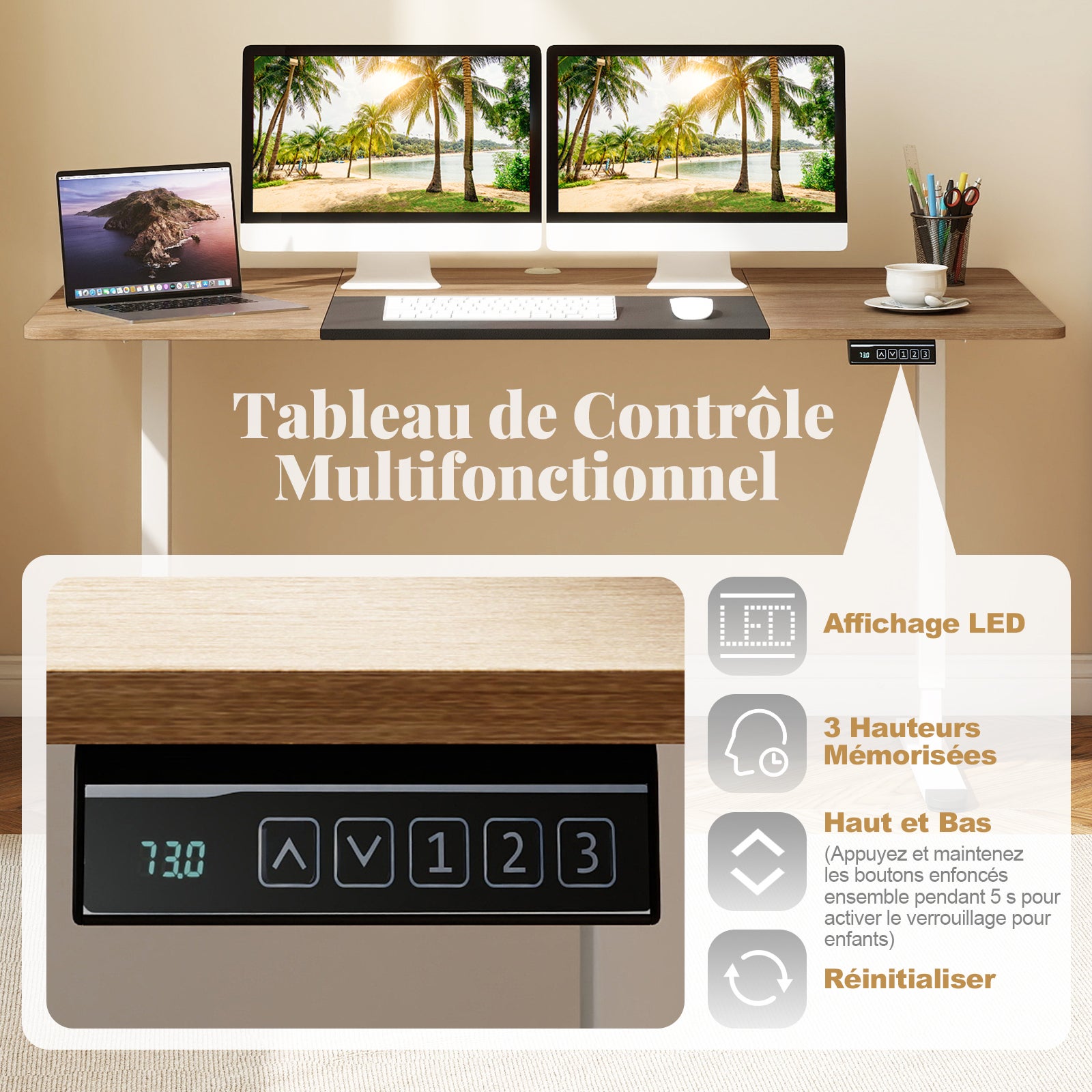 Bureau Électrique Réglable en Hauteur, 140 x 70 cm, Table Assis Debout avec Moteur Puissant et Fonction Mémoire 3 Hauteurs, Naturel Foncé - 5