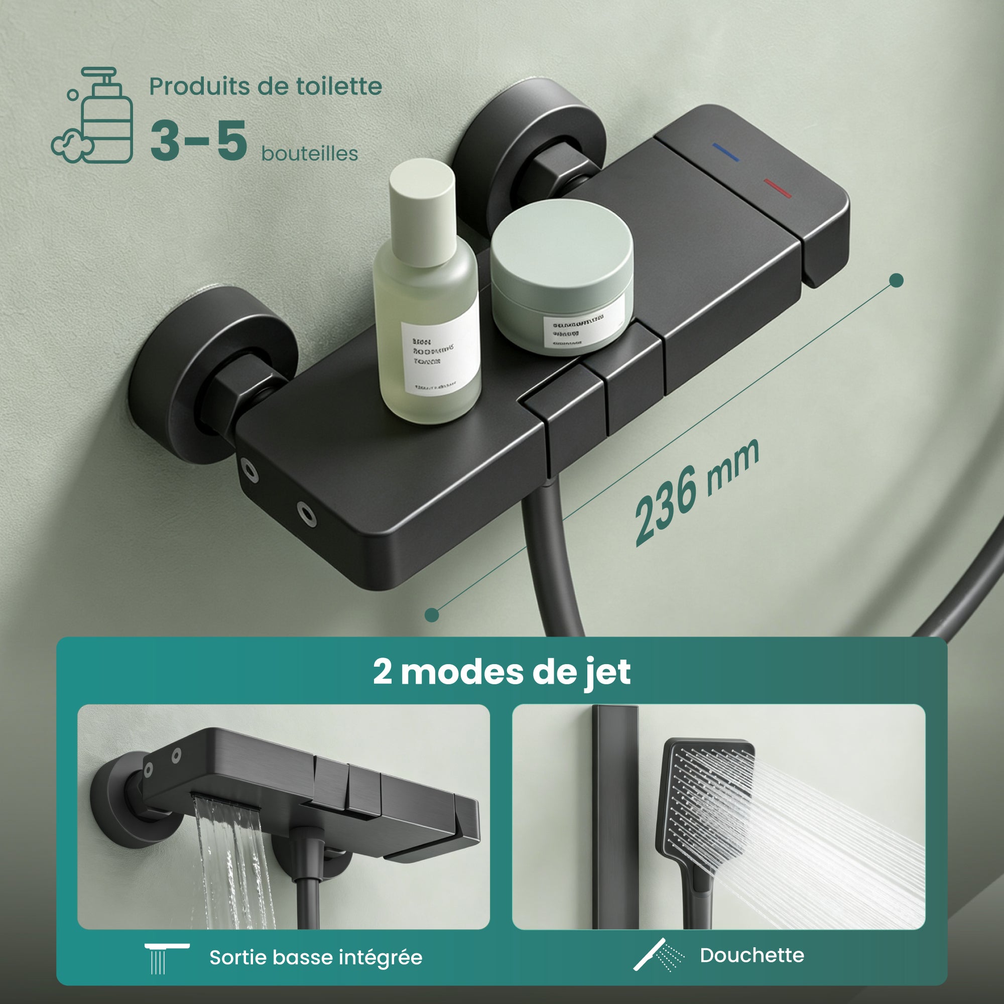 Mai & Mai Ensemble de Douche Mural Mitigeur Pommeau de Douche Gris Réglable en Hauteur 3 Modes de Jets Arvexa-02 - 2