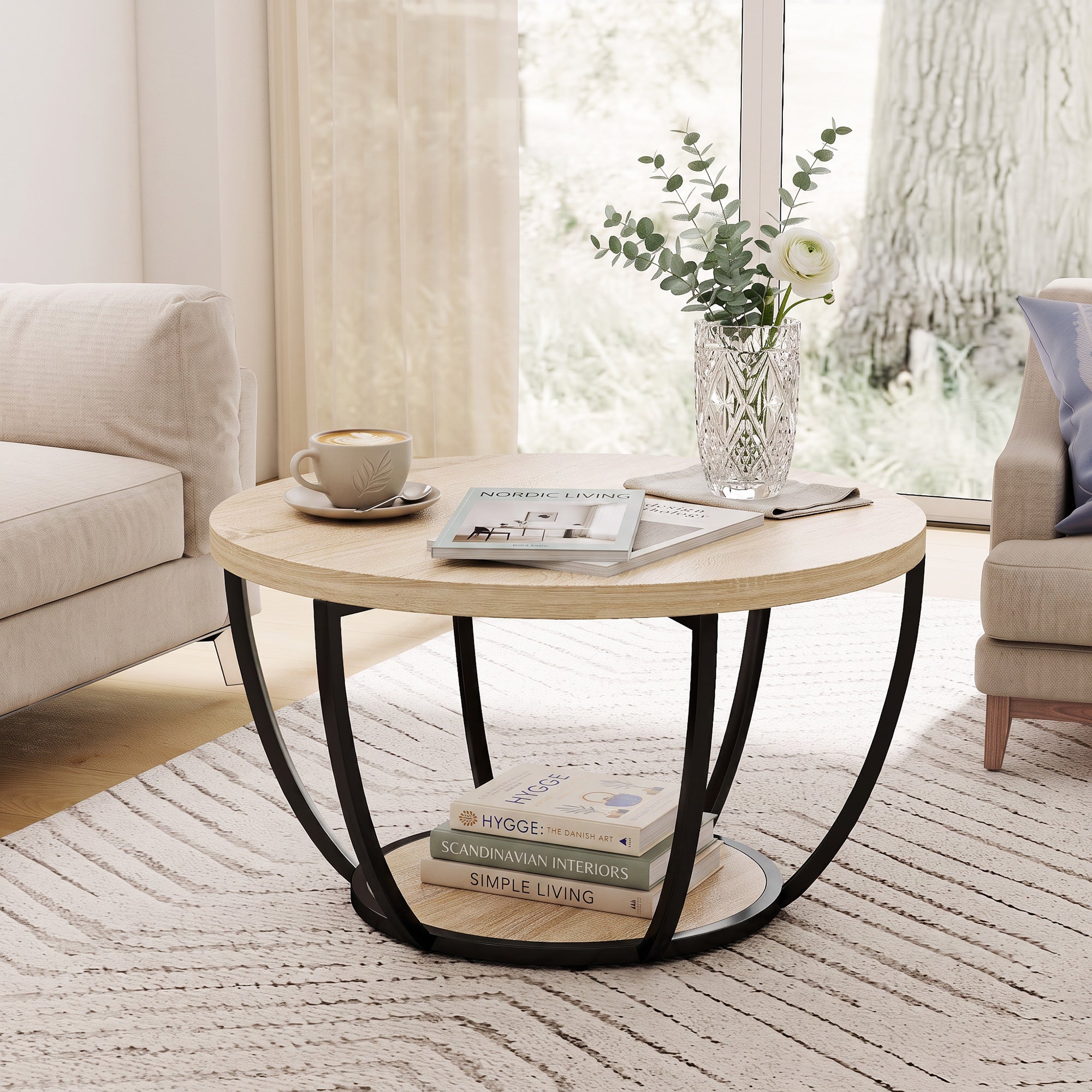 Table basse ronde pour salon avec étagère de rangement et structure en ...